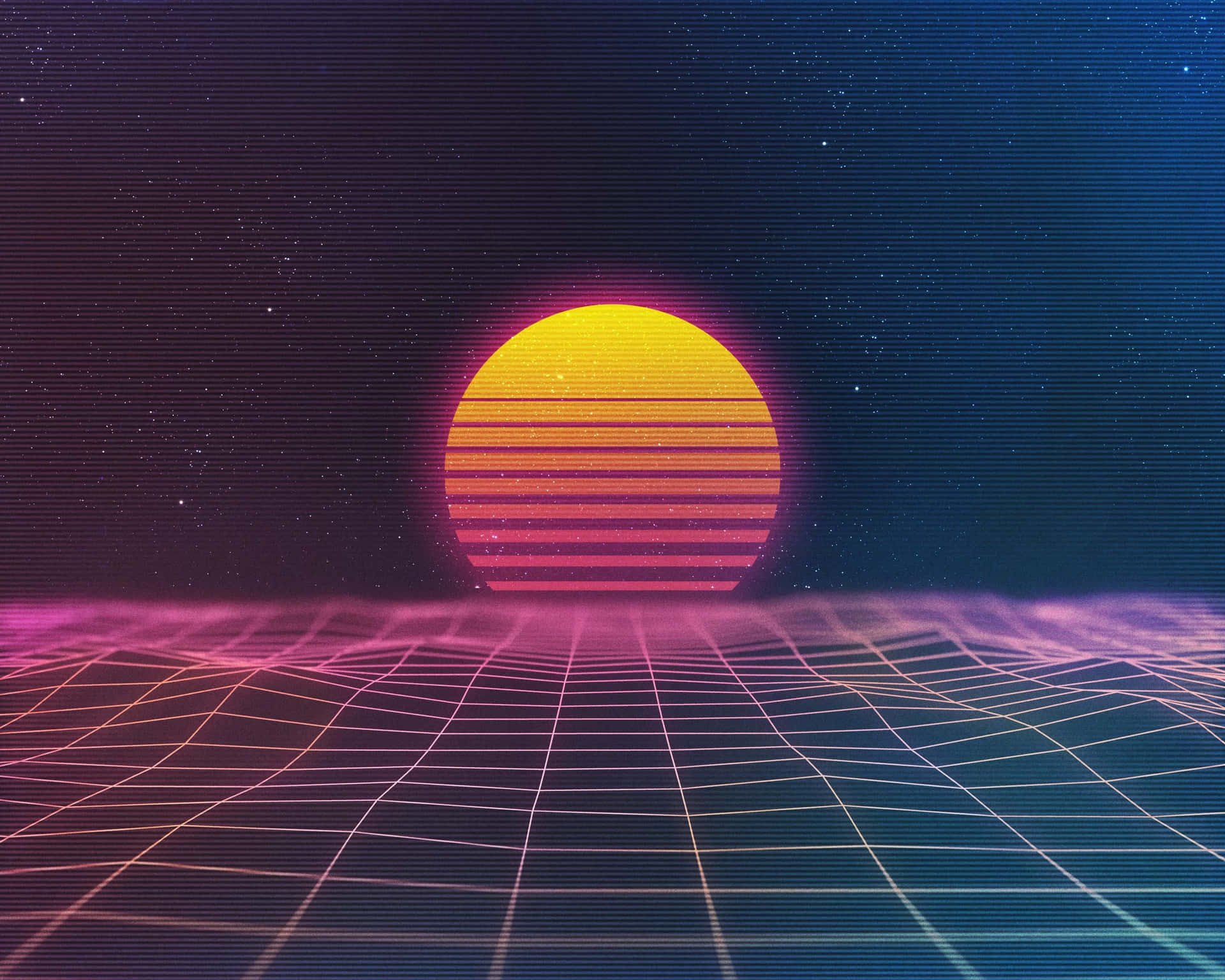復古太陽在數位天空的發光網格地平線上升起