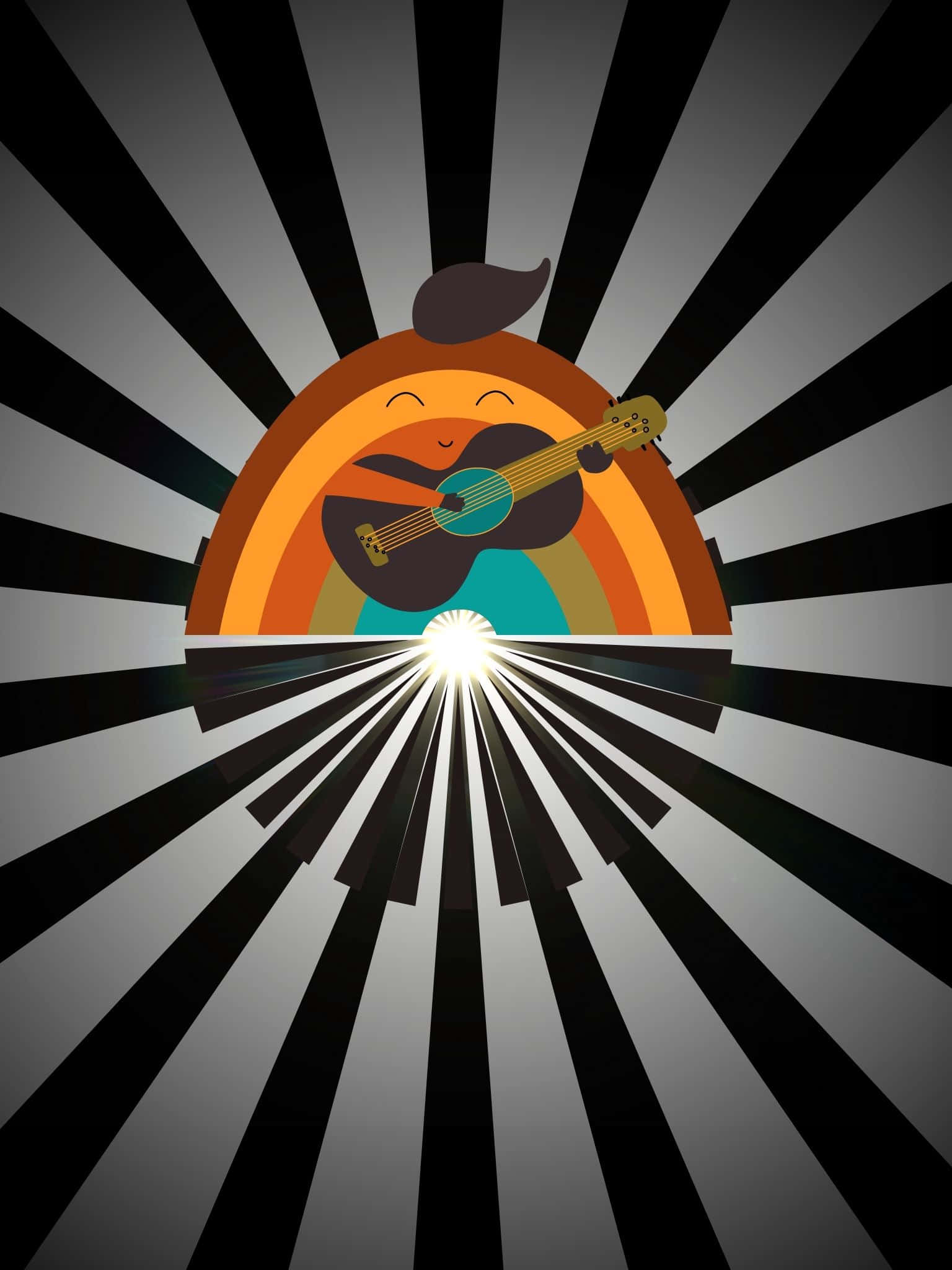 沉醉於涼風 壁紙 — 一個快樂的彩虹角色留著鬍子，在黑白放射背景上彈結他，伴隨著明亮的光爆。