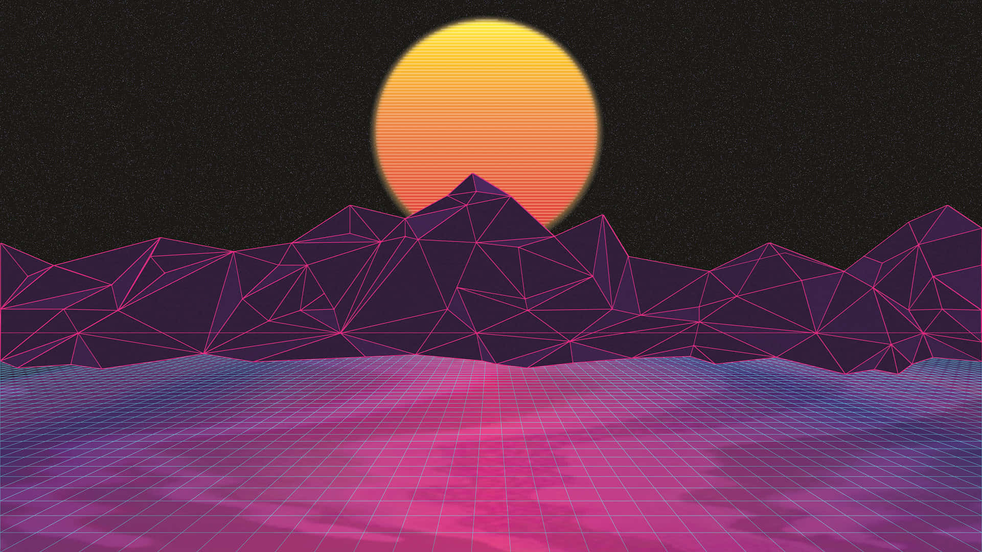 沉醉於美學氛圍 壁紙 — 在發光的夕陽下，幾何山脈和網格地形的復古未來主義景觀。
