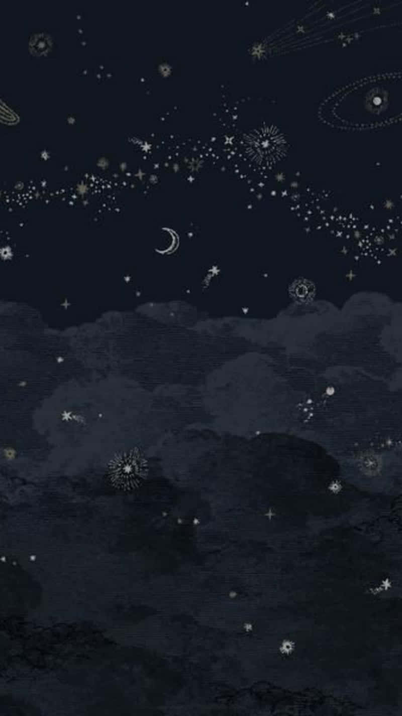 沉醉於美學深色 壁紙 — 漆黑的夜空充滿了發光的星星、彗星和一彎新月從有紋理的雲層中窺視。