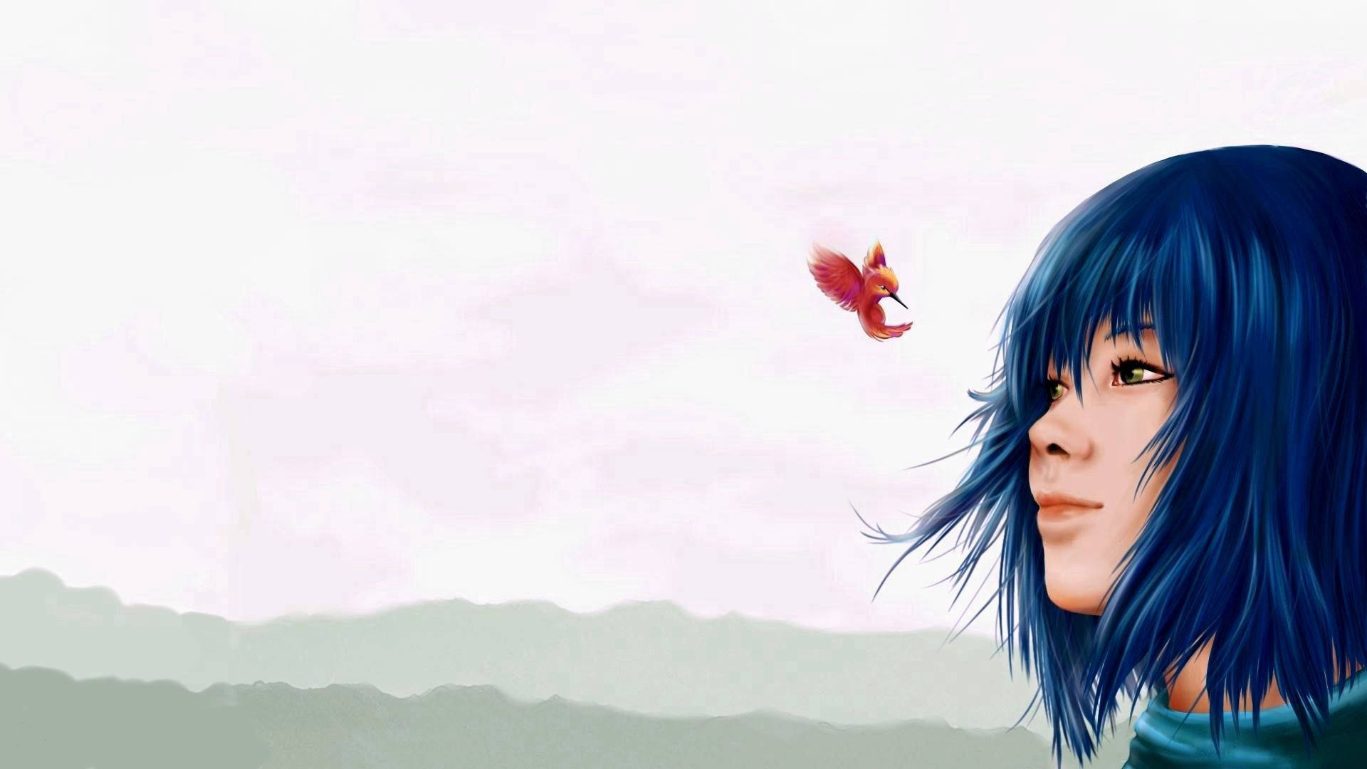 藍髮動漫女孩看著一隻紅鳥在柔和天空中山巒間飛翔。