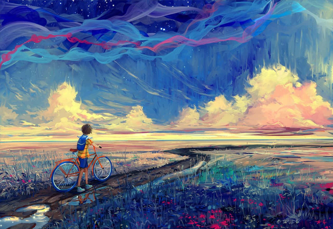 一個騎單車者帶著單車在一條路上稍作停留，天空是充滿雲層和星星的多彩暮色。