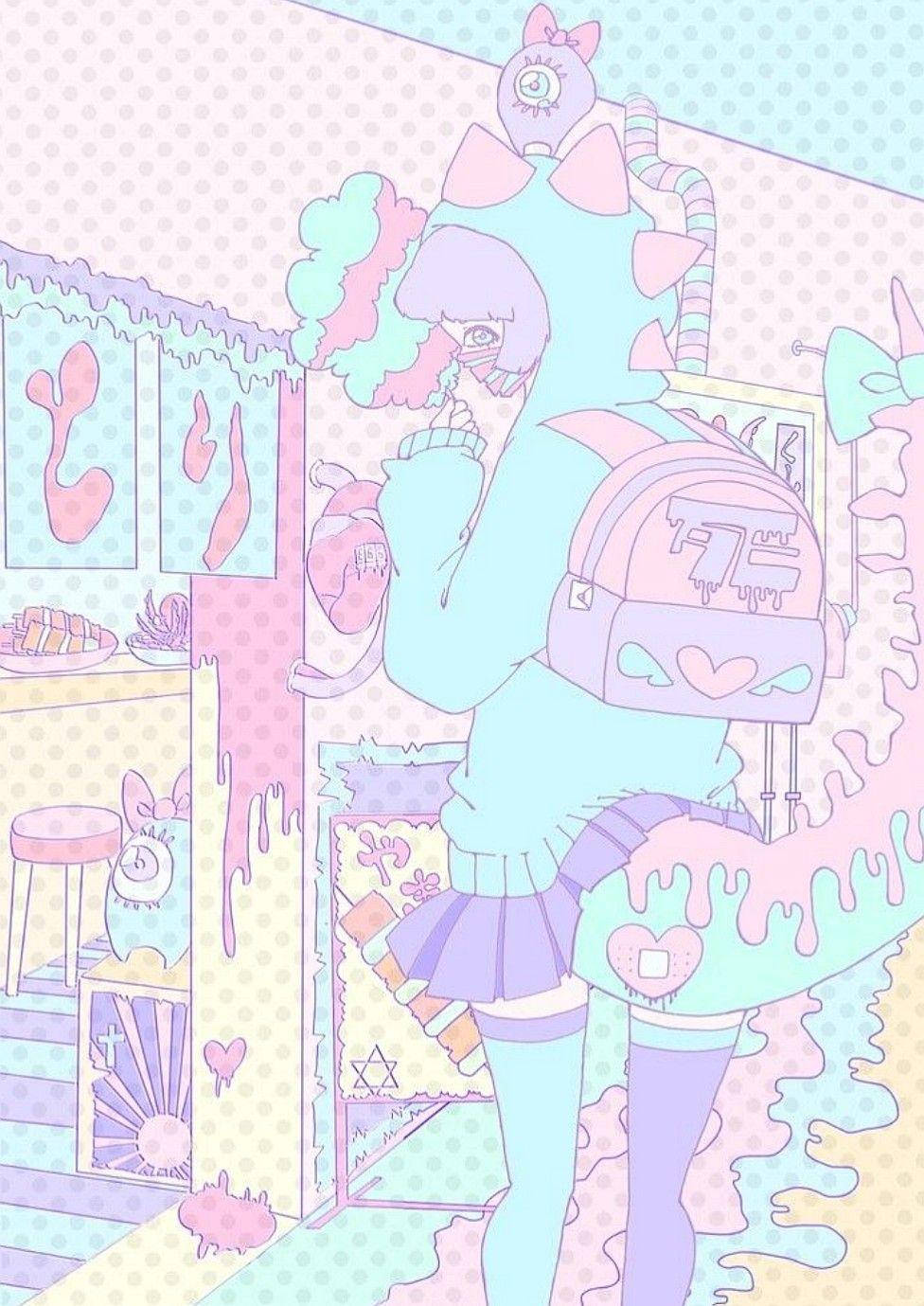沉醉於馬卡龍風情的美麗 壁紙 — 一個粉彩色的動漫女孩揹著恐龍背包，站在一個充滿糖果狀黏液和心形圖案的奇幻房間裡。