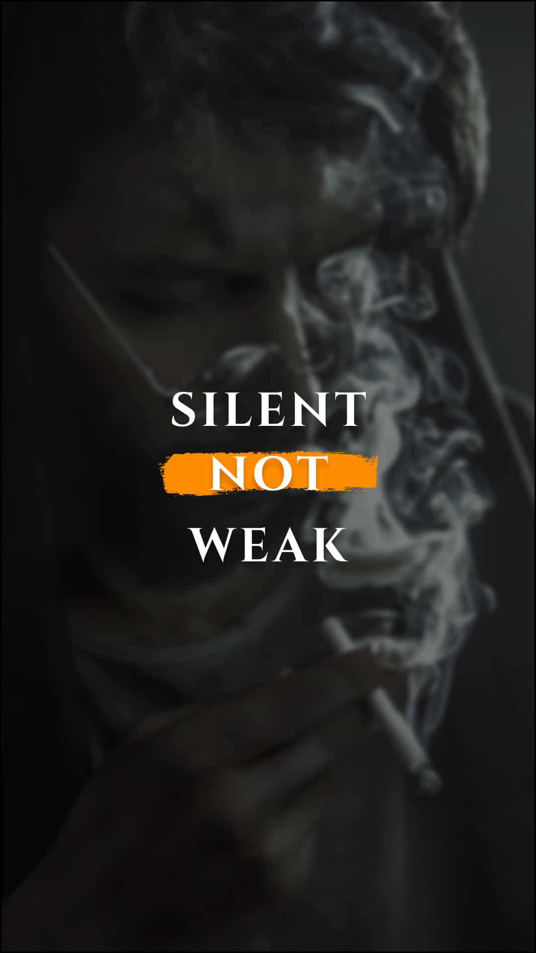 吸煙的人，煙霧圍繞粗體文字 silent not weak