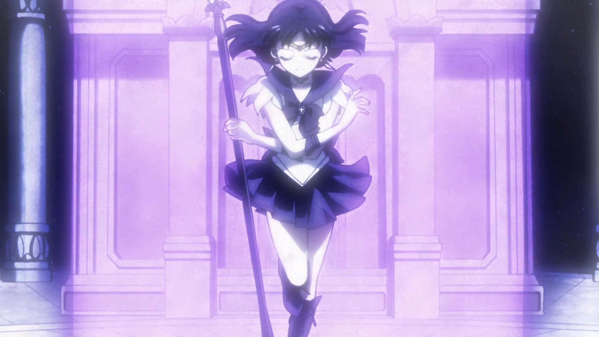 穿著紫色水手服的動漫少女在發光大廳中手持法杖