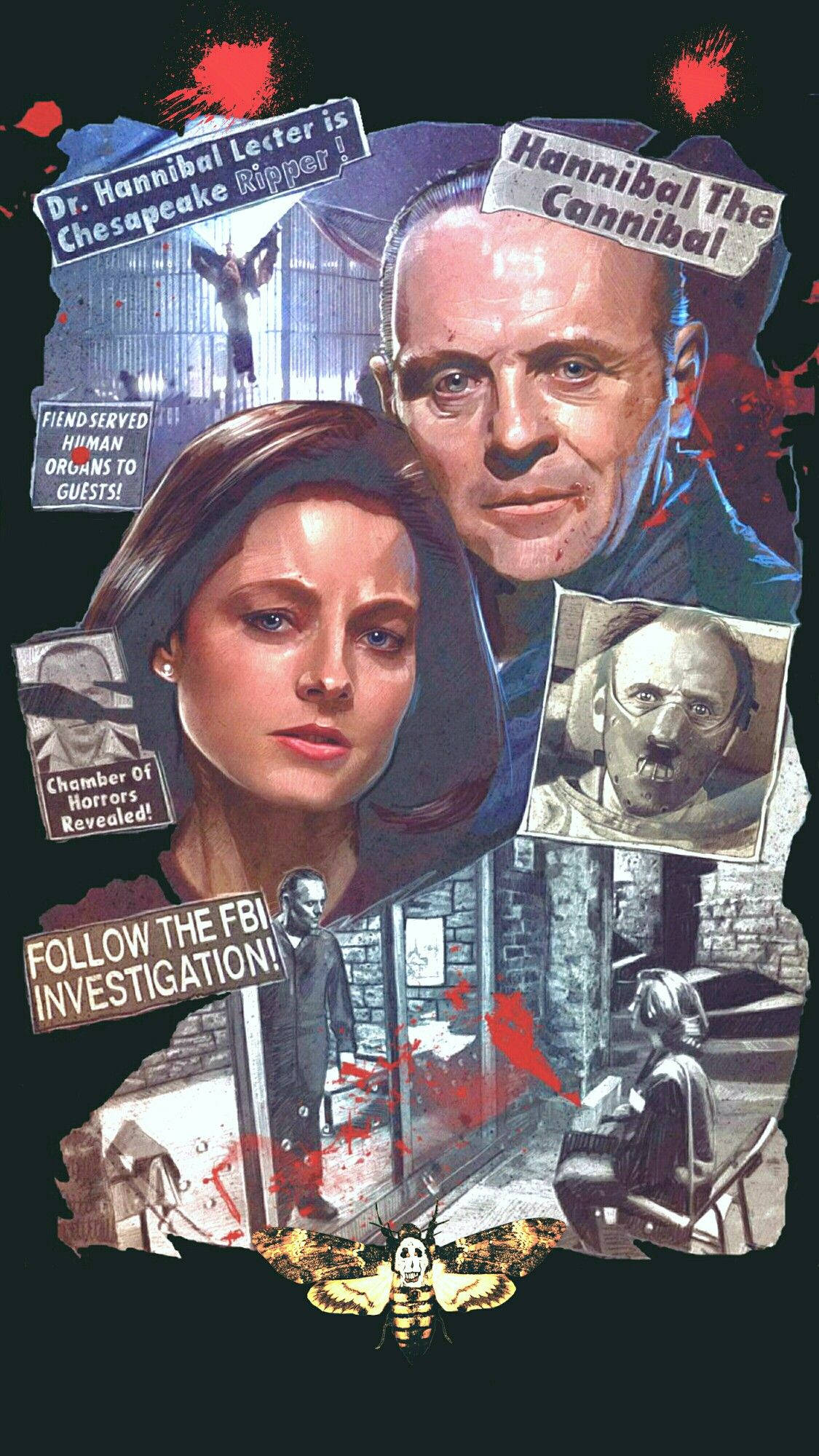沉默的羔羊漫畫藝術 壁紙 — 一張拼貼風格的恐怖海報， featuring Hannibal Lecter，帶有血跡和揭示其罪行的文字疊加。