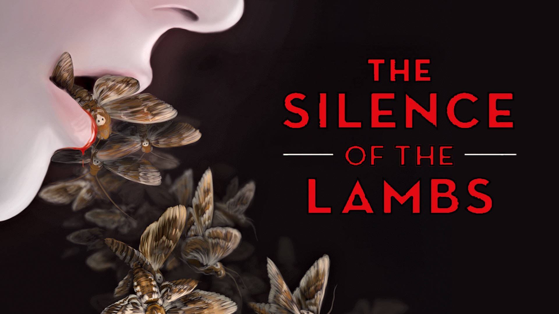 一個嘴巴呼出飛蛾，黑色背景上有紅色文字「The Silence of the Lambs」。