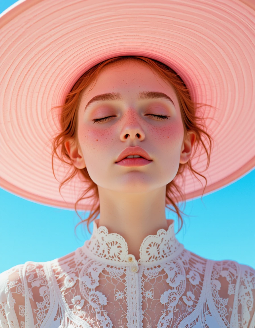 沐浴在陽光中的女孩 壁紙 — 一位年輕女子閉著眼睛，臉上帶有雀斑，戴著寬大的粉紅色帽子和白色蕾絲上衣，背景是明亮的藍天。