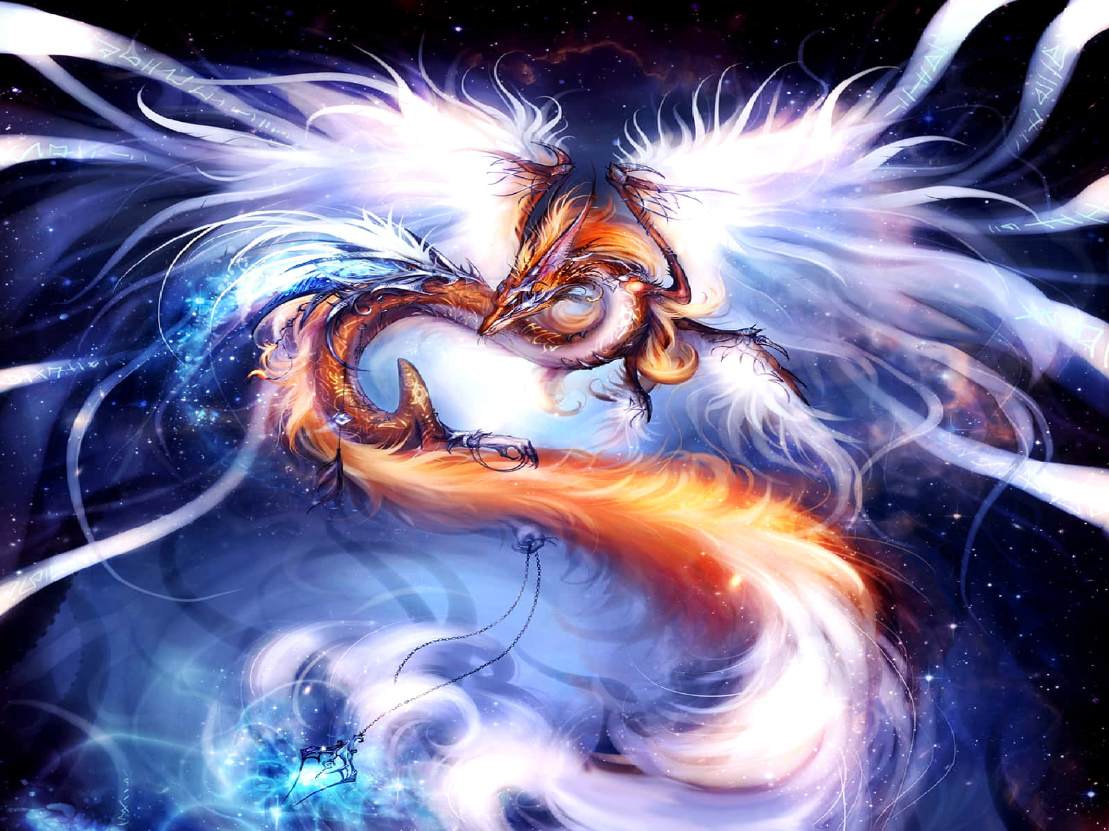 沐浴陽光的火焰巨龍 壁紙 — 一隻雄偉的火焰巨龍，閃爍著光芒的翅膀，盤旋在充滿恆星和旋轉宇宙能量的宇宙星雲中。