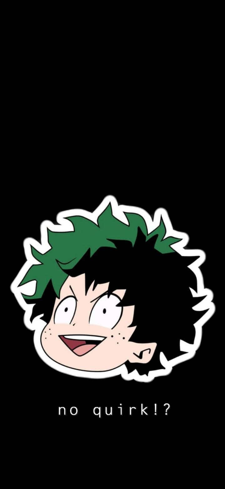 沒學校，沒問題！ 壁紙 — 一個卡通角色，擁有綠色和黑色尖刺頭髮和大眼睛，在黑色背景上微笑，並帶有文字 no quirk!?