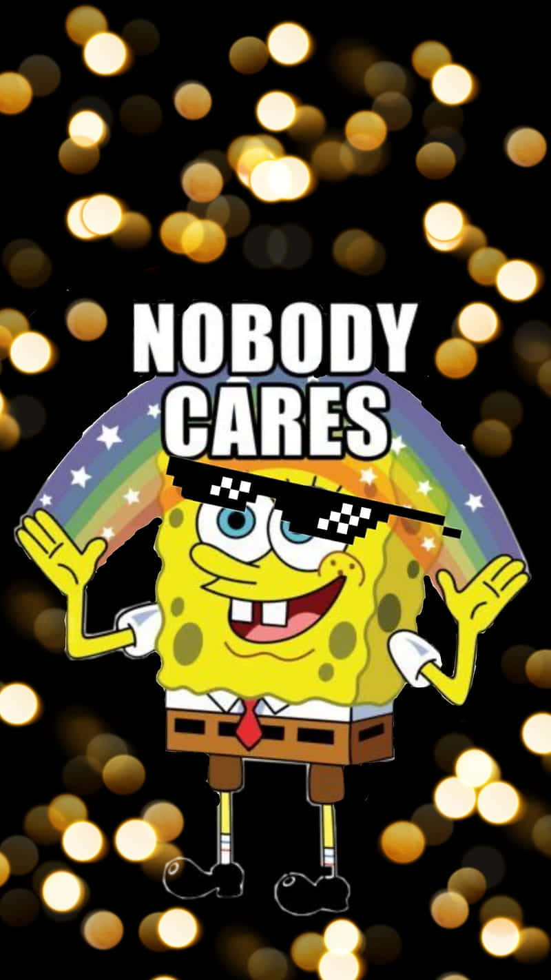 海綿寶寶戴着太陽眼鏡和彩虹帽，在金色閃爍背景下帶着「NOBODY CARES」文字揮手。