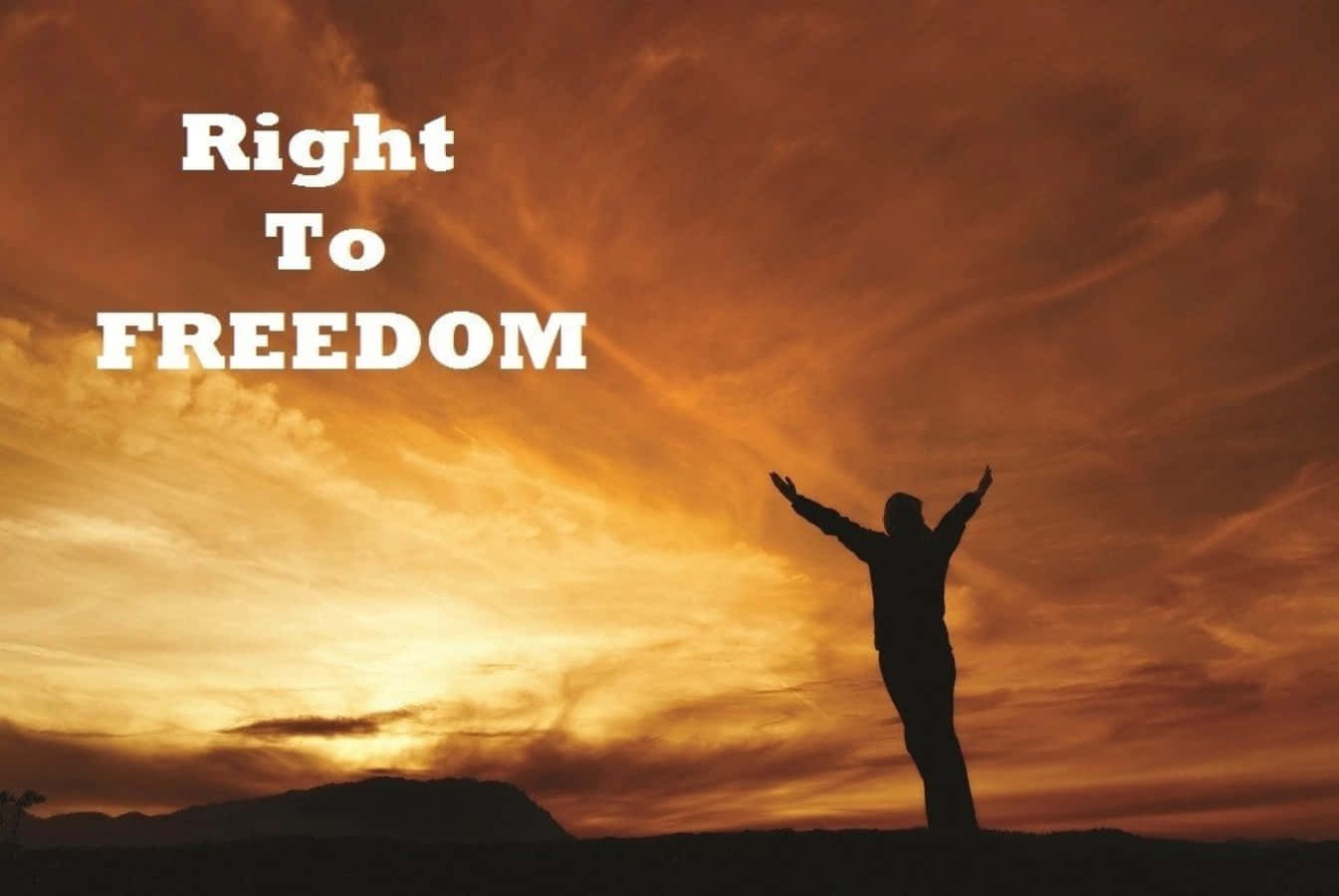 日落時分舉起雙臂站立的人，附有文字 Right To FREEDOM
