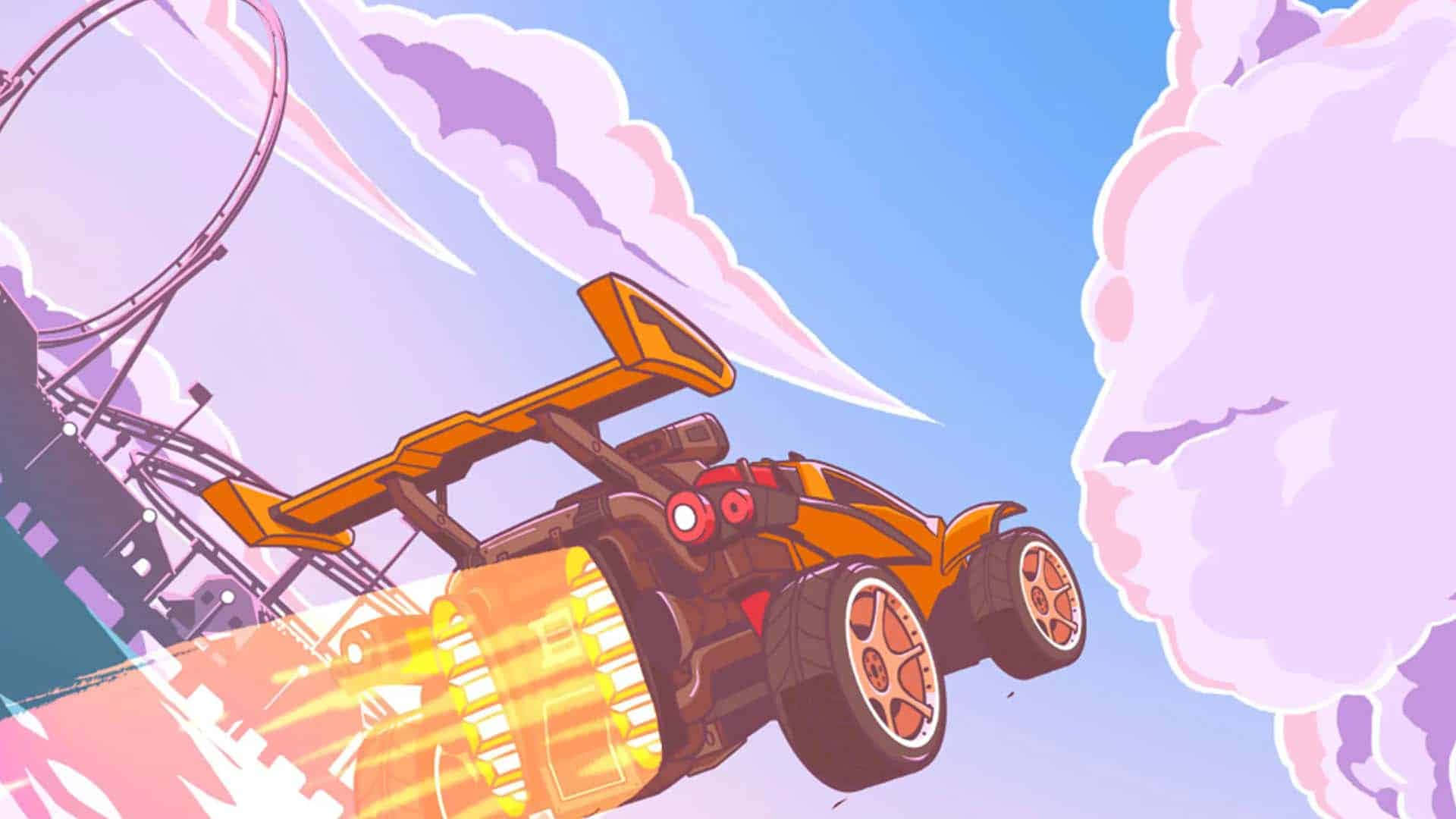 沒有比《Rocket League》更高速的競技！ 壁紙 — 一輛火熱的橙色火箭車在帶有紫色雲朵和過山車軌道的柔和色彩天空中飛馳。