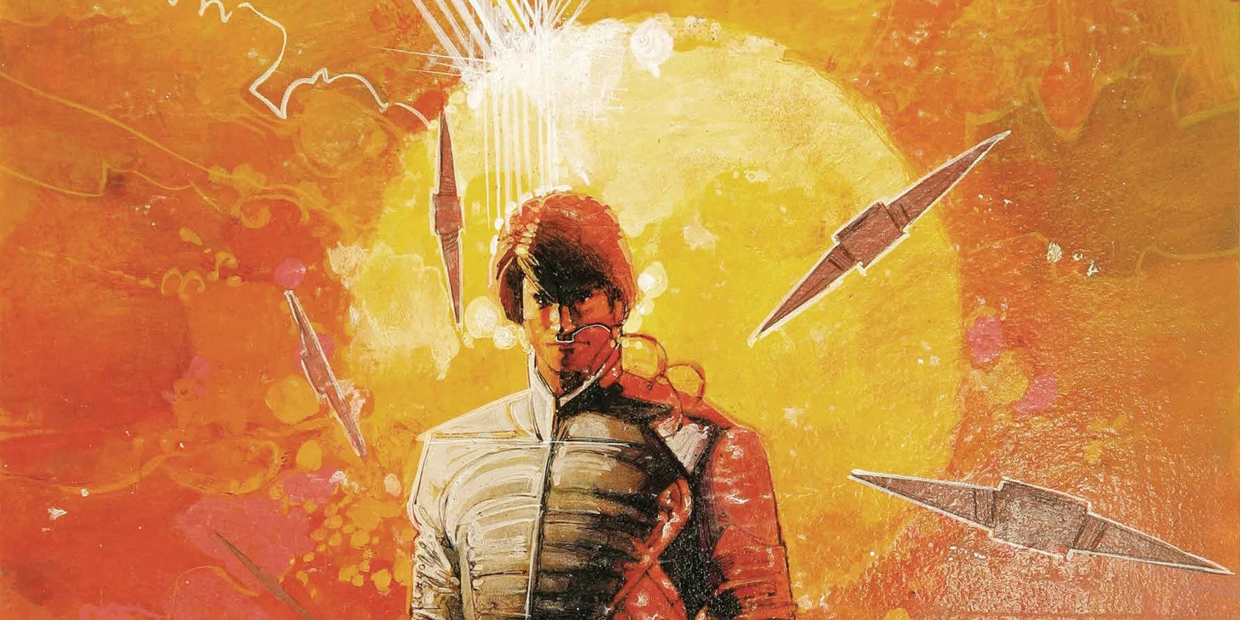 《沙丘》1984年保羅·阿特雷ides粉絲藝術 壁紙 — 一位身穿紅白盔甲的堅定戰士，站在熾熱的橙黃色背景前，周圍有發光的能量箭飛舞。