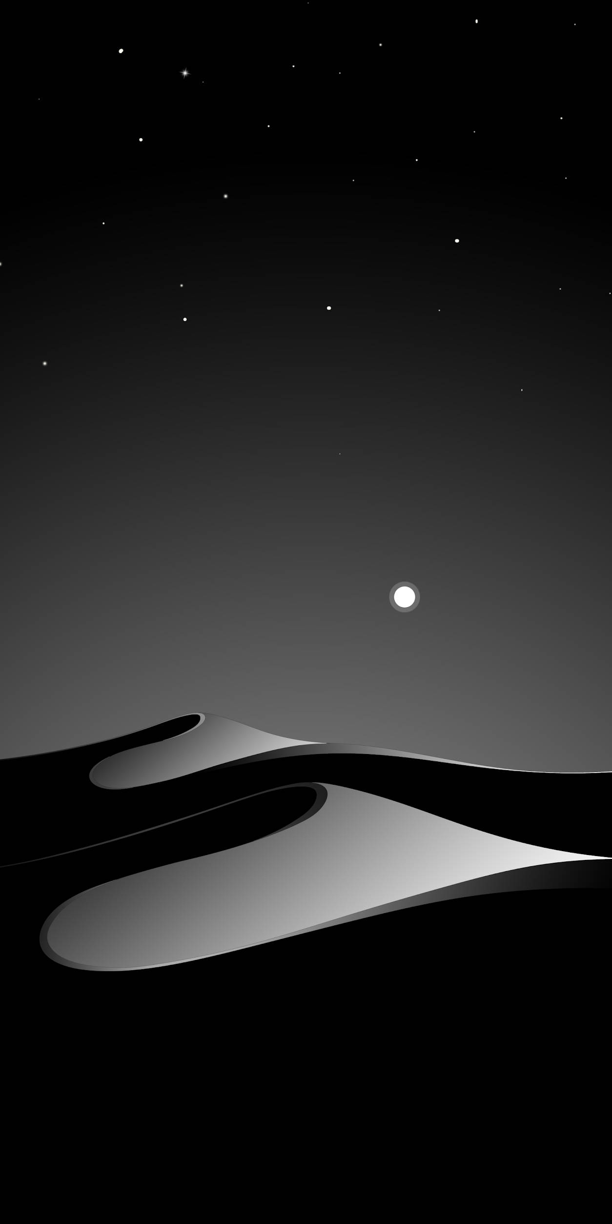 沙丘黑灰 iPhone 壁紙 — 一個極簡的黑白風景，平滑起伏的山丘在繁星點點的夜空下，伴隨著一輪明亮的月亮。