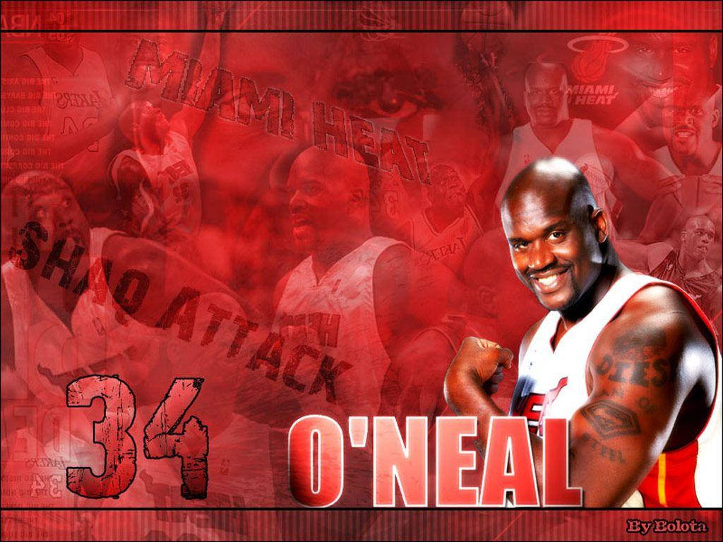 沙克·奧尼爾 紅色圖形藝術 壁紙 — 一張大膽的紅色牆紙， featuring Shaquille O'Neal 穿著邁阿密熱火隊球衣，帶有分層動作鏡頭和文字 'SHAQ ATTACK' 及 '34 O'NEAL'。