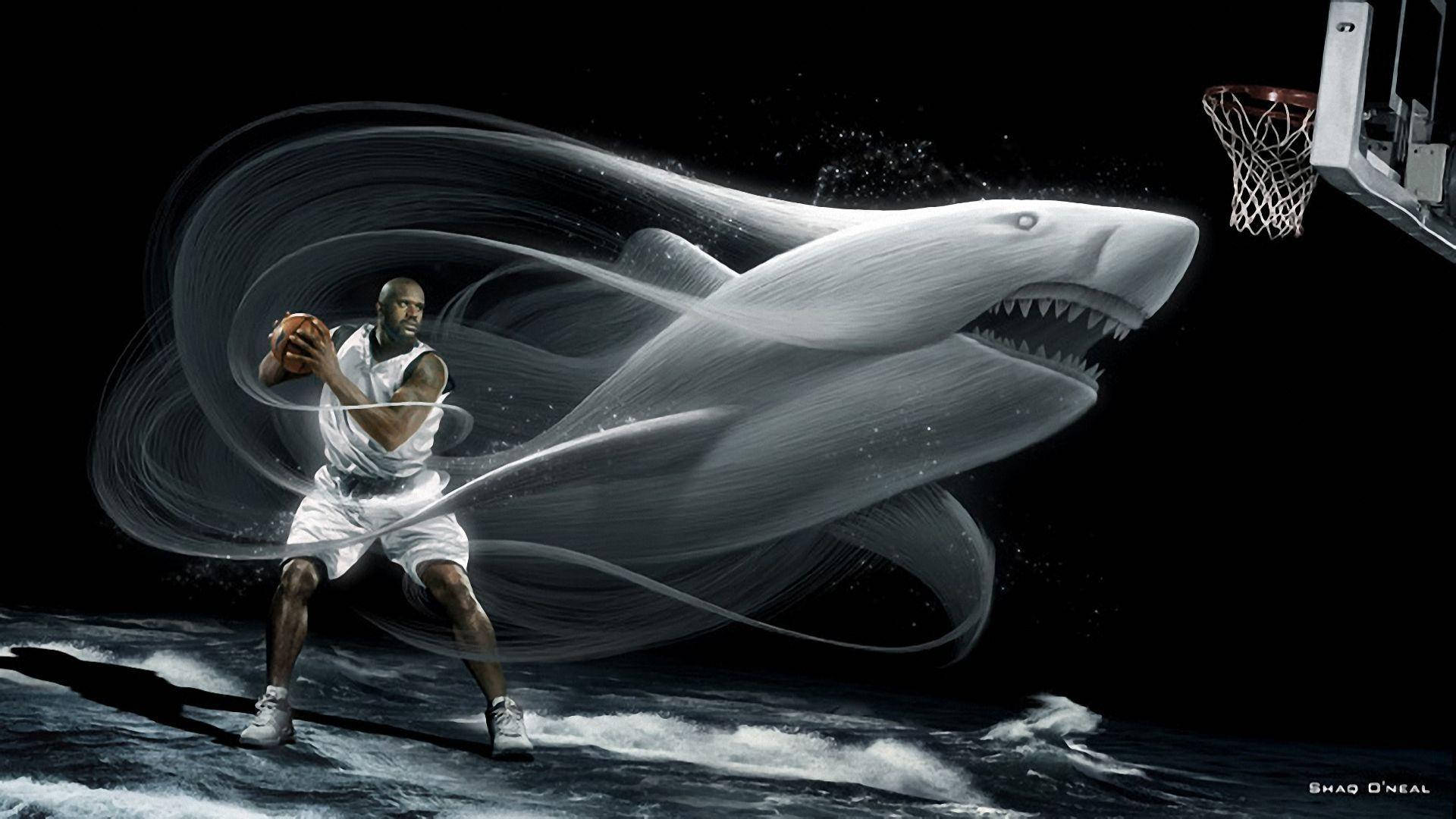 沙克·奧尼爾鯊魚黑藝術 壁紙 — 一名身穿白色球衣的籃球運動員站在海浪上，一條巨大的鯊魚在他周圍旋轉，朝向籃框。