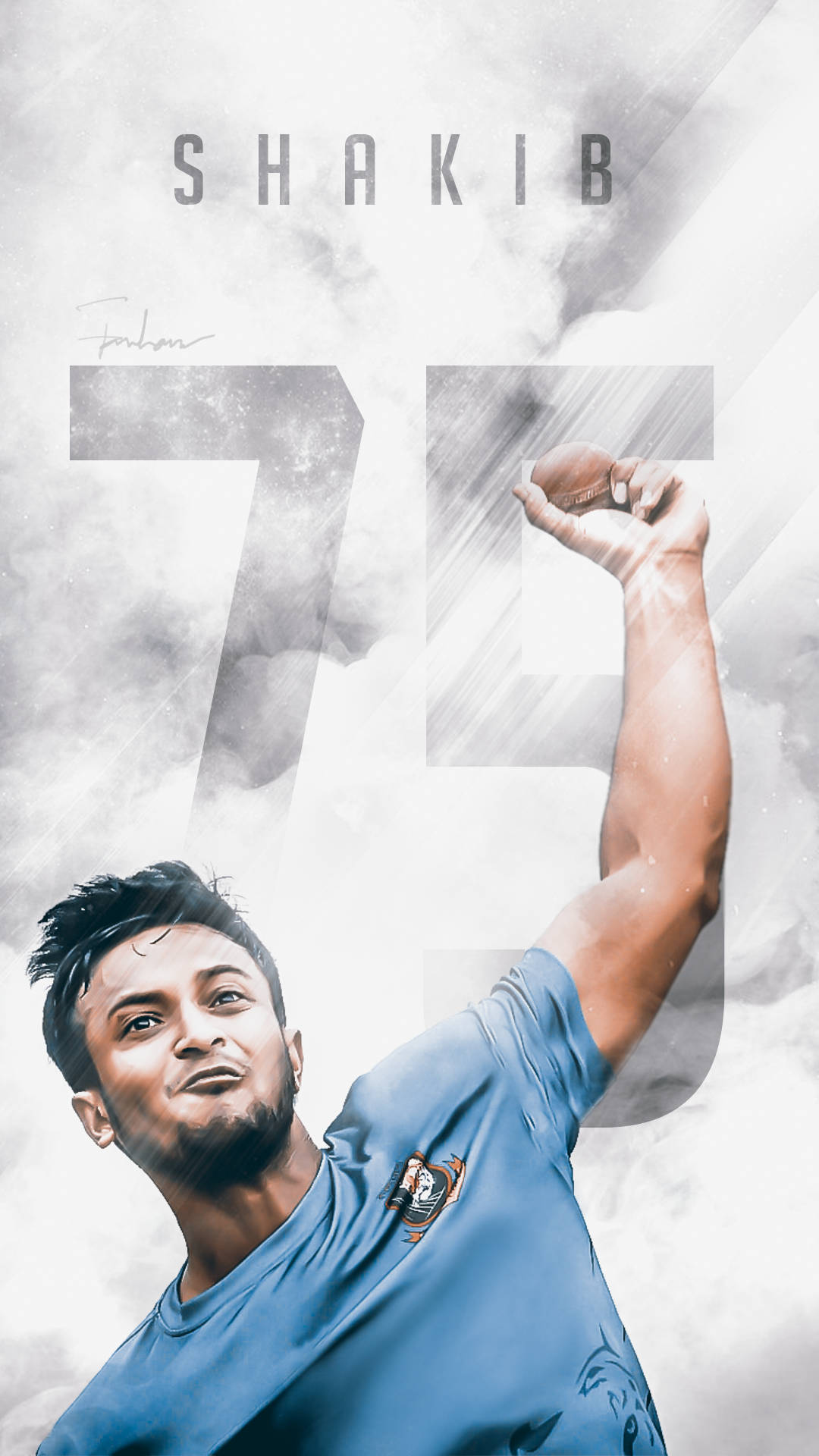 沙基布·阿爾·哈桑 白底 壁紙 — 板球運動員 Shakib Al Hasan 在煙霧灰色背景上舉起拳頭勝利姿勢的動態數位肖像，帶有他的名字和號碼 75。
