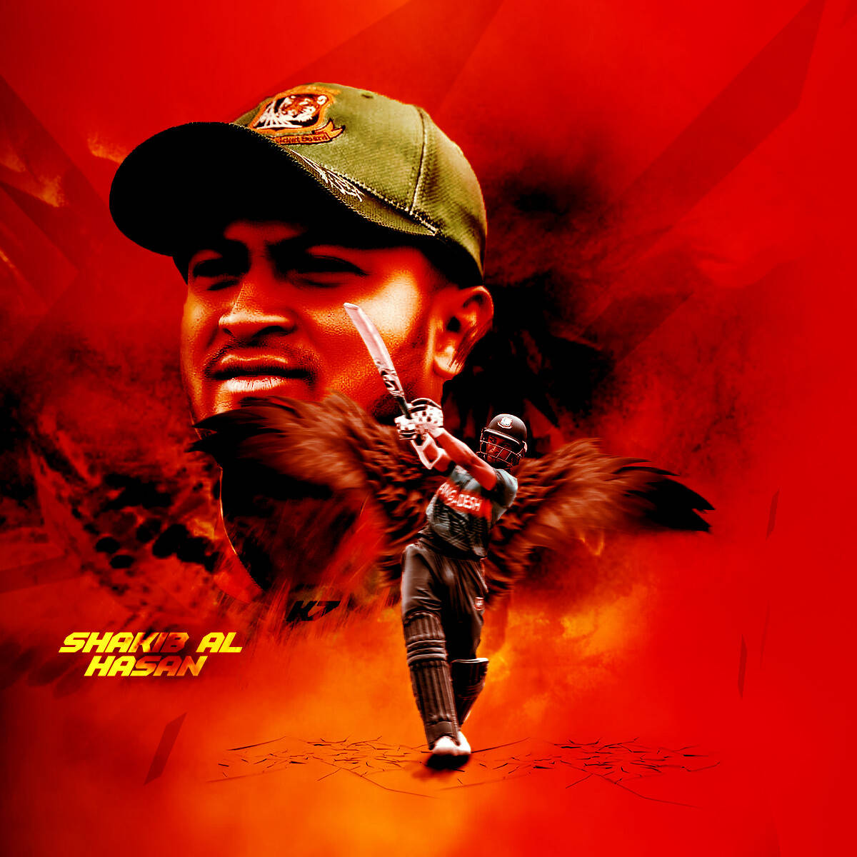 沙基布·阿爾·哈桑紅色主題 壁紙 — 板球運動員 Shakib Al Hasan 的動態數碼藝術肖像，帶有火焰翅膀和強烈的紅色背景。