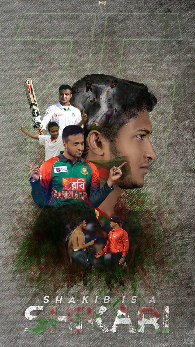 沙基布·阿爾·哈桑賽場英姿 壁紙 — 孟加拉國板球運動員 Shakib Al Hasan 在各種比賽時刻的動態拼貼畫，背景為紋理灰色，帶有粗體文字。