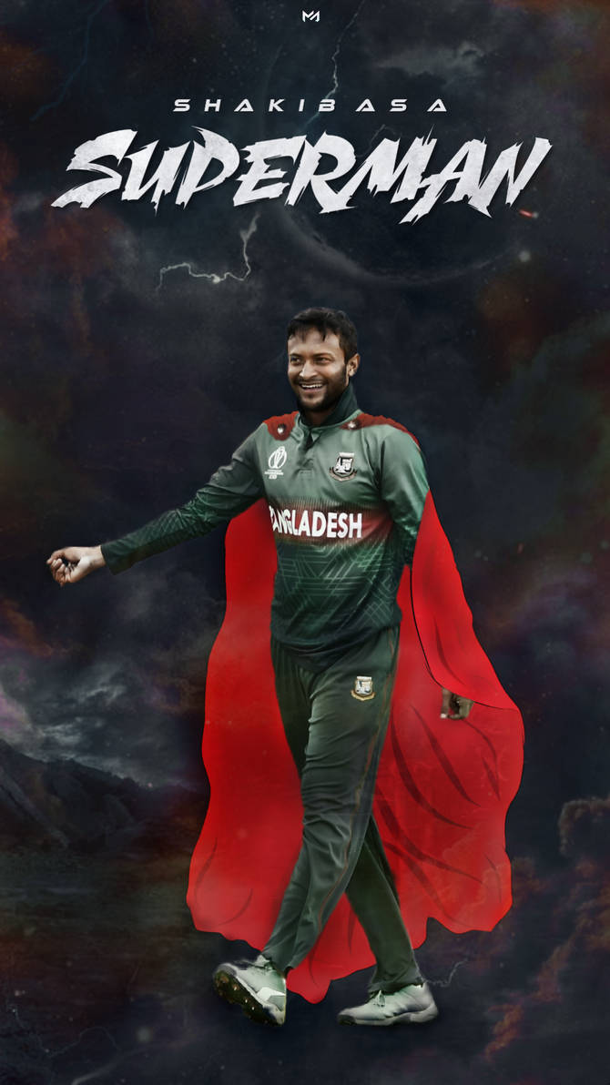 沙基布·阿爾·哈桑超人造型 壁紙 — 板球運動員 Shakib Al Hasan 身穿綠色孟加拉國球衣，披著飄逸的紅色斗篷，在暴風雨般的宇宙背景下英勇站立，上方有'SUPERMAN'文字。