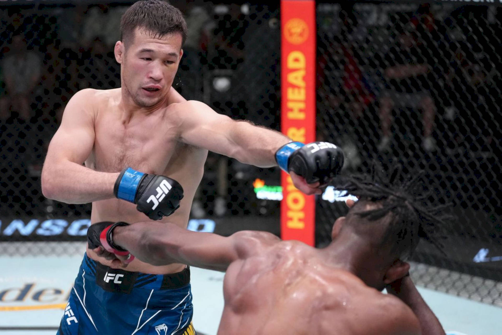 兩名戴著MMA手套的男拳手在八角籠內互相出拳。