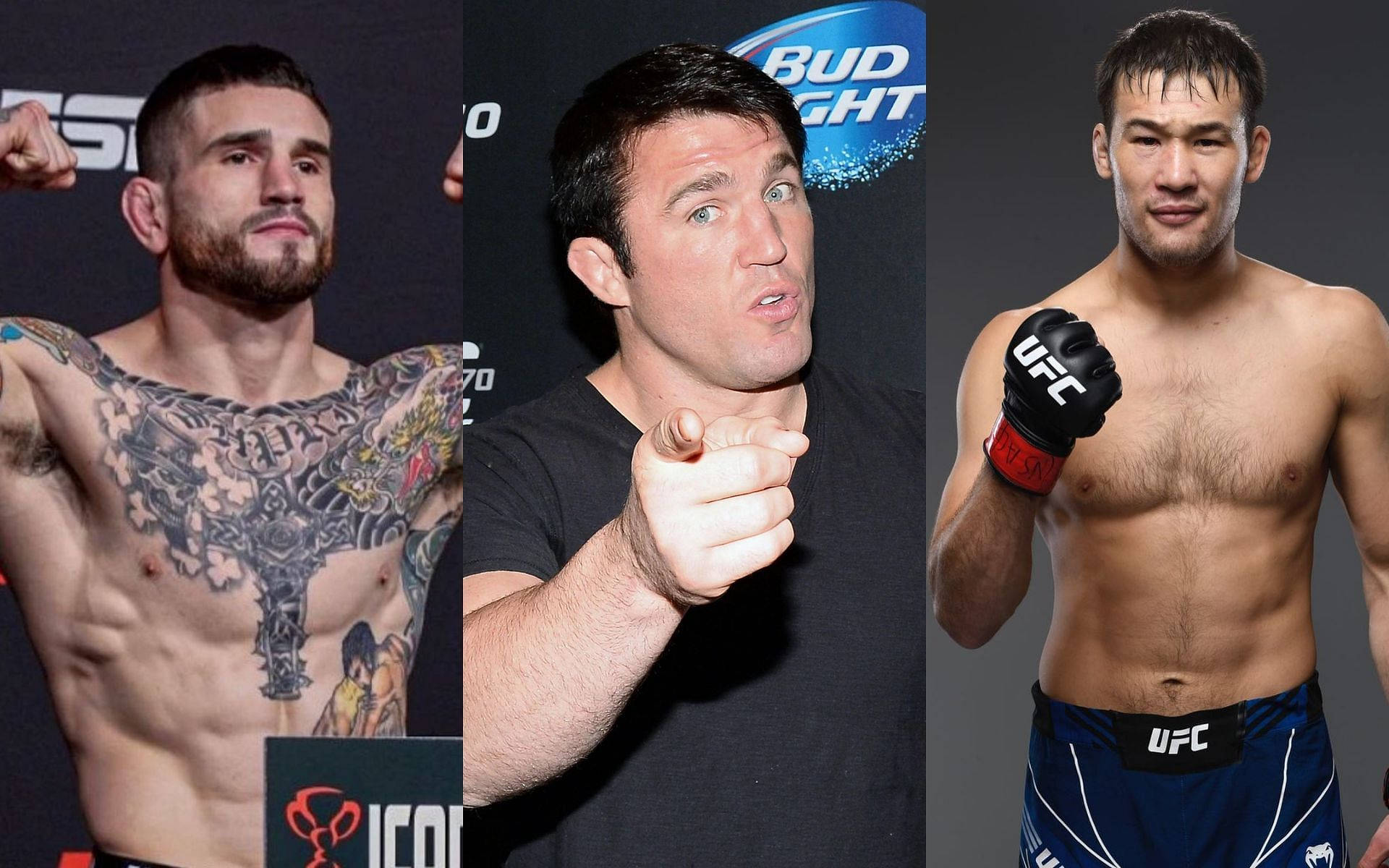 三位男性UFC拳手在活動中擺姿勢拍照。