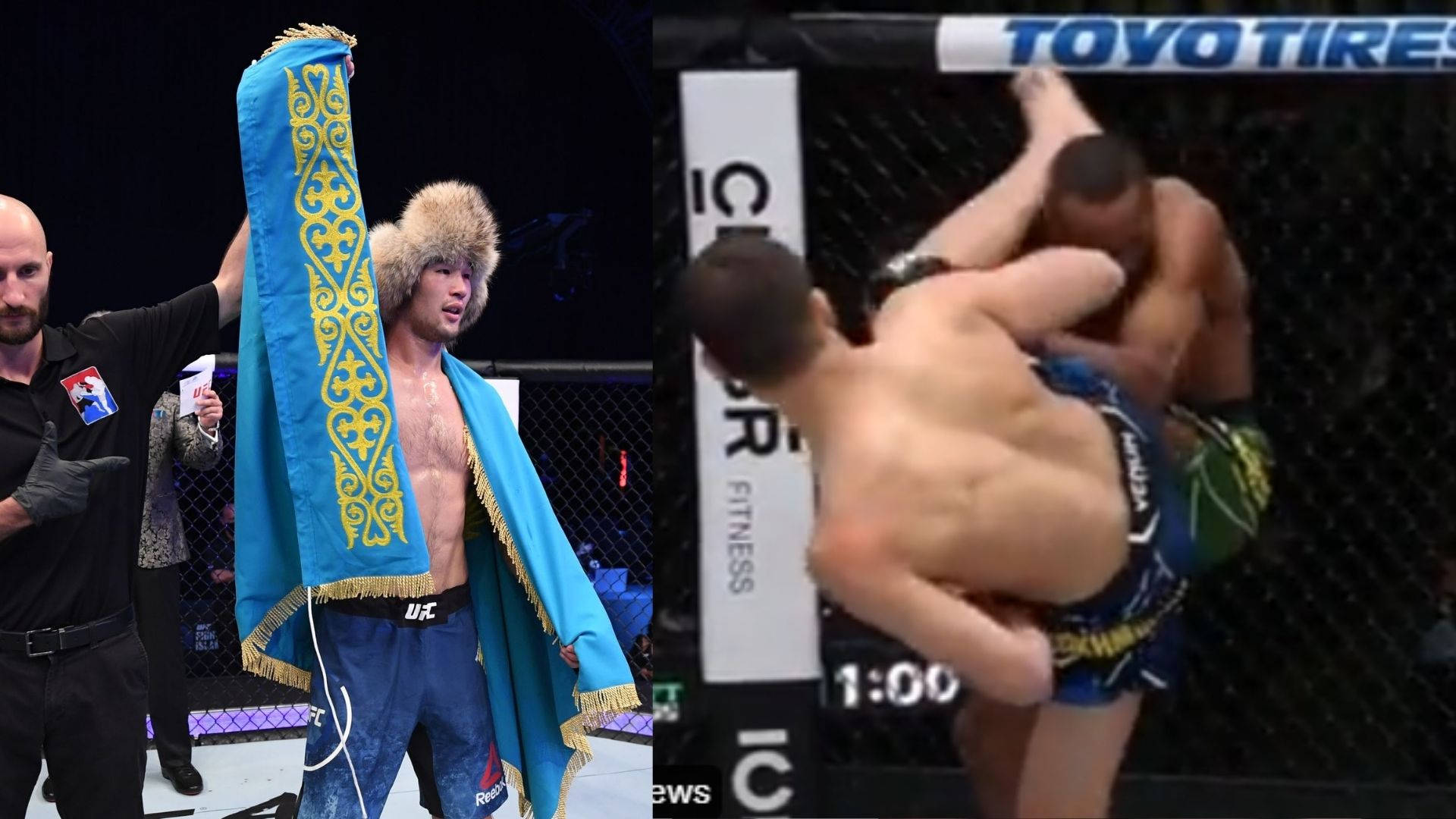 沙夫卡特·拉赫莫諾夫慶祝MMA比賽勝利 壁紙 — 一位勝利的戰士披著藍金圖案旗幟在八角籠中慶祝，而另一位戰士則執行纏鬥動作。
