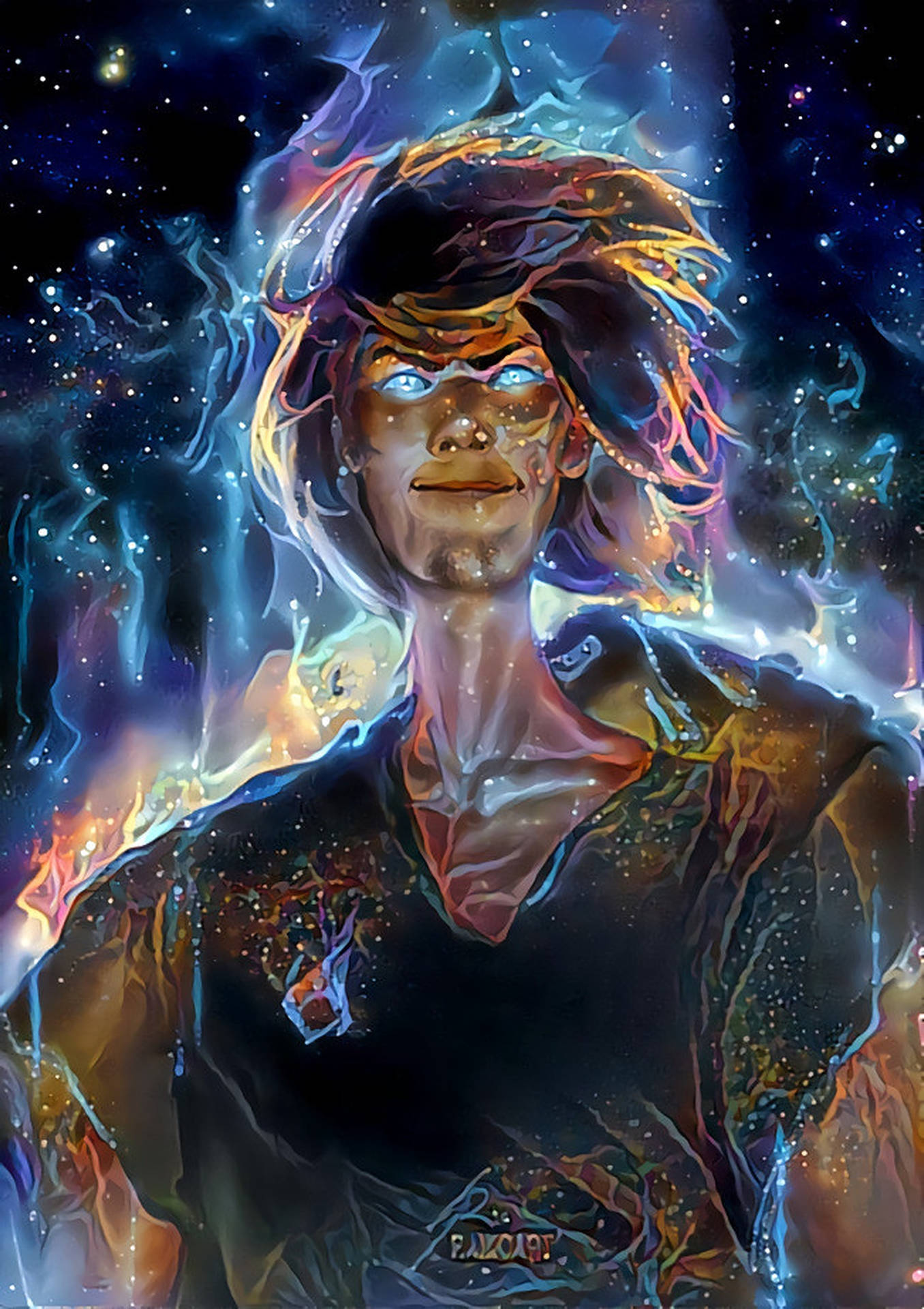一個眼睛發光、宇宙能量在周圍旋轉的人物，背景是星空。