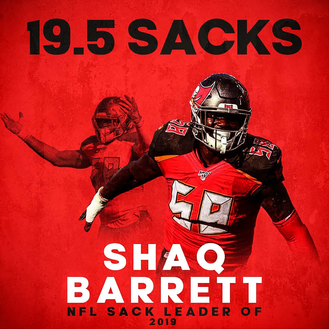 沙奎爾·巴雷特 19.5 次擒殺海報 壁紙 — 一張大膽的紅色圖形慶祝Shaq Barrett成為2019年NFL擒殺領袖，共19.5次擒殺，展示他動態的足球動作姿勢。
