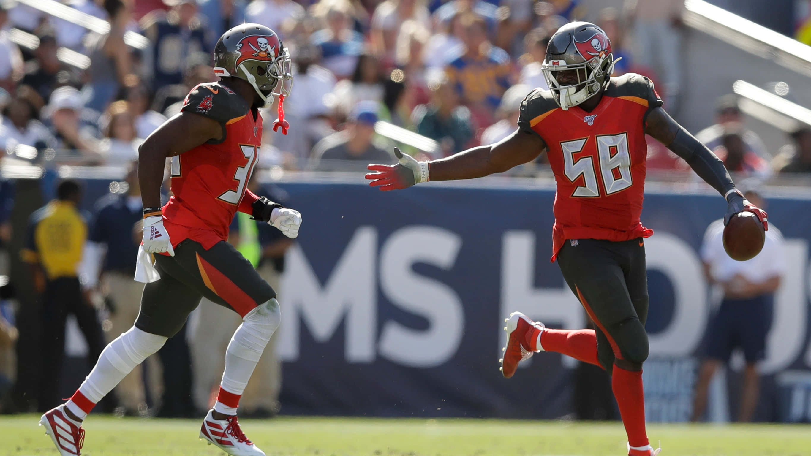 沙奎爾·巴雷特 持球 NFL 壁紙 — 兩名坦帕灣海盜隊美式足球員在陽光明媚的球場上慶祝一次進攻，背景有球迷。