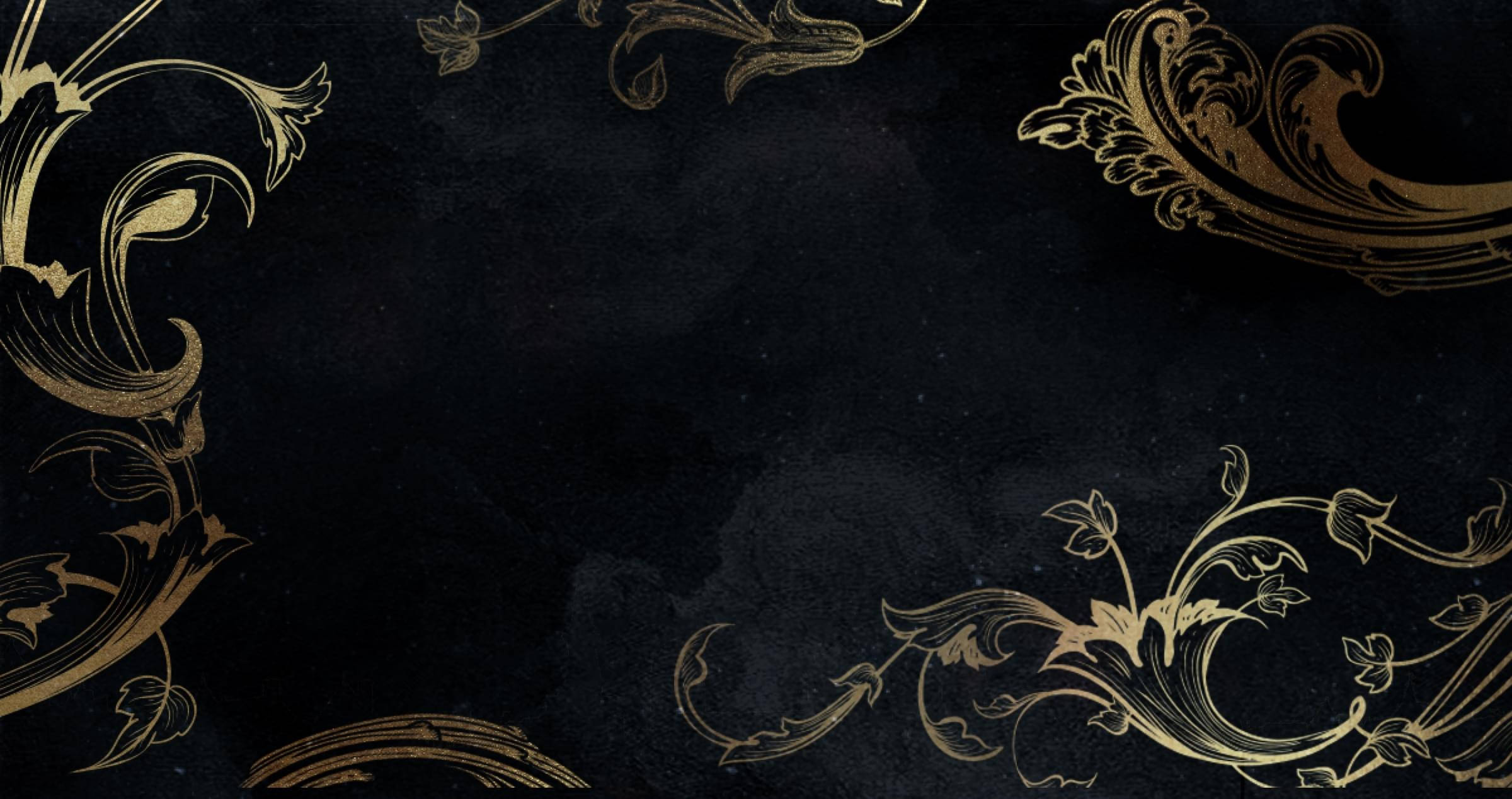 《沙影與骨》奇幻世界：暗夜魔法與古蹟殘垣 壁紙 — 優雅的金色花絲漩渦裝飾在帶有紋理的黑色背景角落，營造出奢華的復古框架。