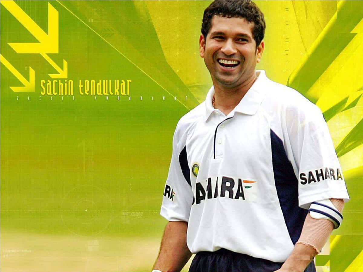 Sachin Tendulkar 桌布 壁紙 — 沙欽·坦杜卡穿上白色板球球衣，在鮮豔的綠色和黃色圖形背景上綻放笑容。