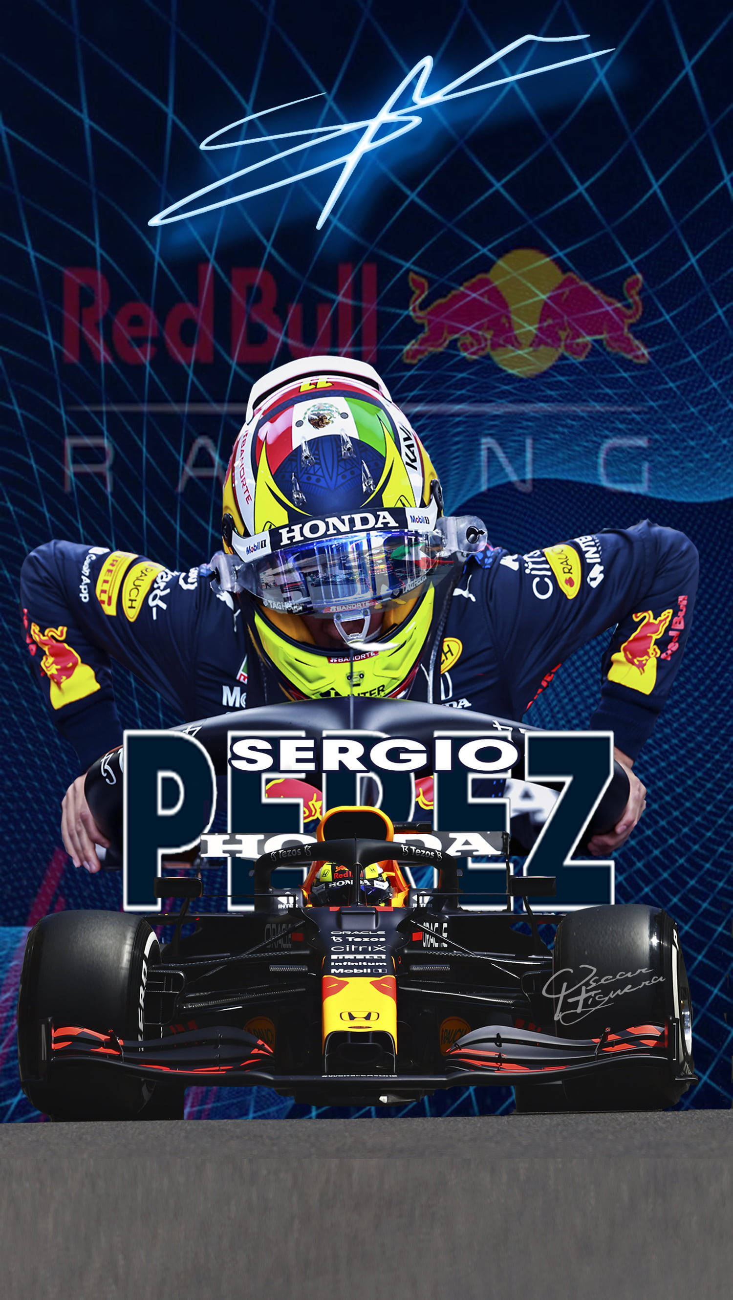 sergio perez 桌布 壁紙 — 沙治奧·佩雷斯戴上紅牛車隊頭盔和賽車服，在發光藍色網格背景前俯身於他的F1賽車上。