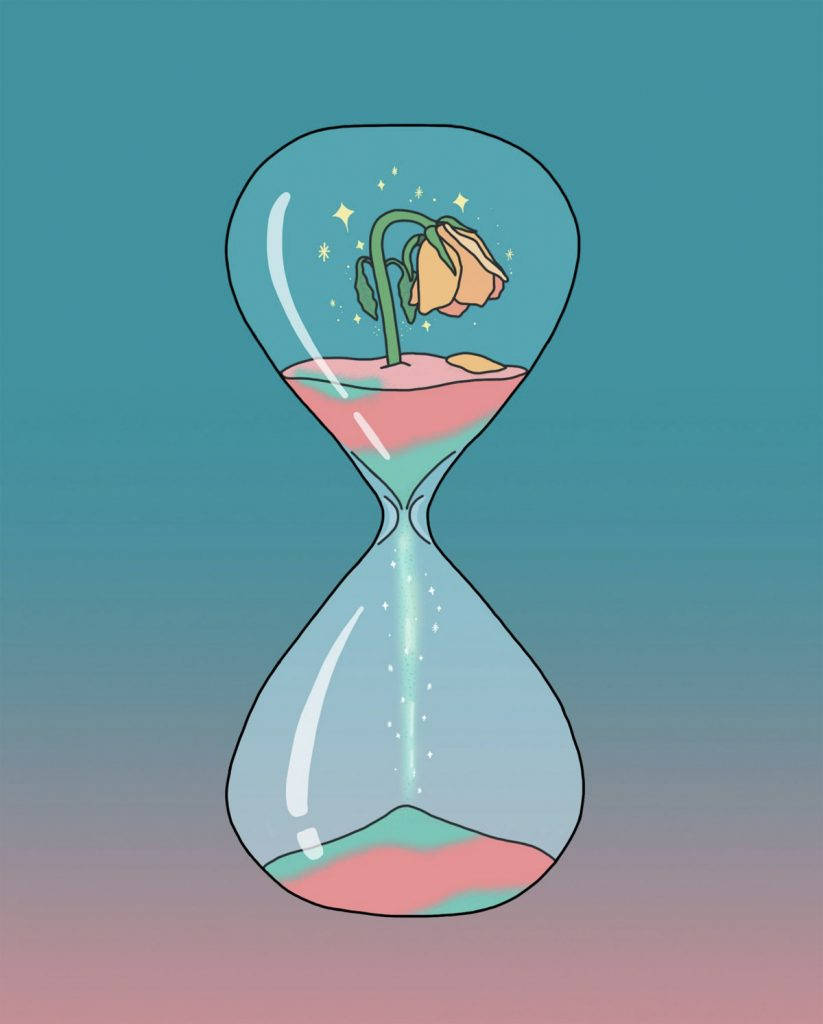 一個發光的沙漏，帶有枯萎的玫瑰和閃爍的星星，沙子流過。