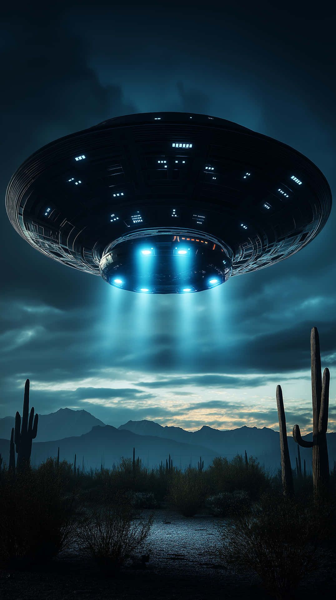 一個UFO在暮色天空下盤旋在佈滿仙人掌和山脈的沙漠上空。