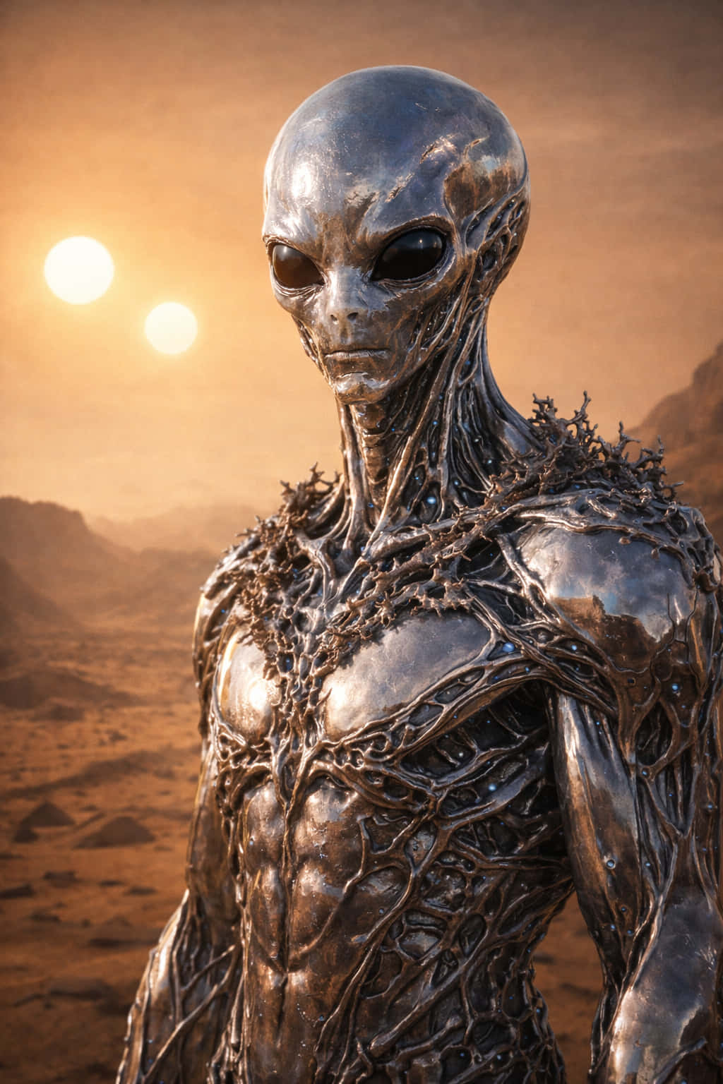 沙漠中的灰色外星人 壁紙 — 一個金屬外星人，有大黑眼睛和藤蔓狀紋理，站在沙漠中，頭頂兩個發光的太陽。