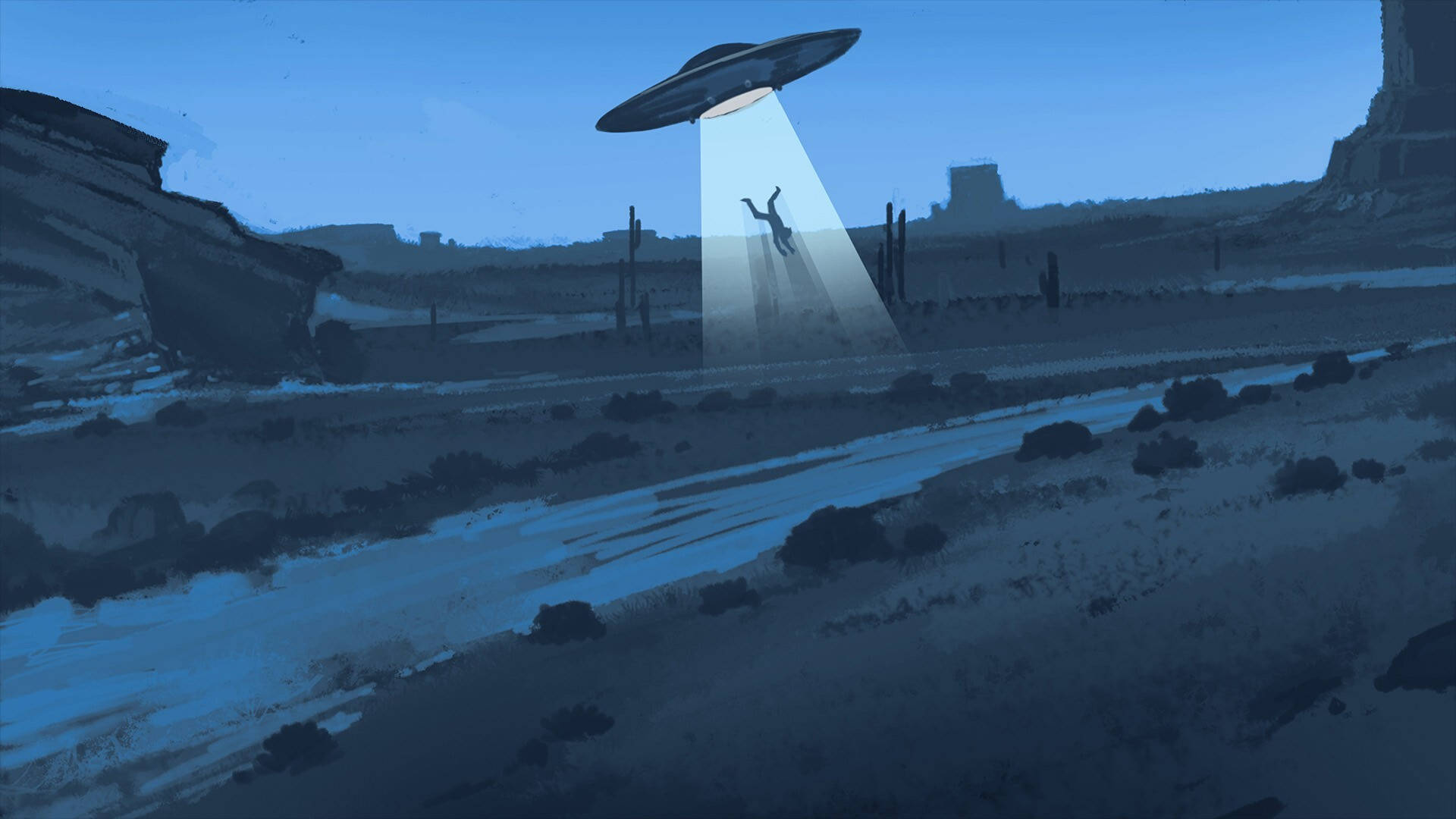 UFO在黃昏的沙漠中綁架一個人。