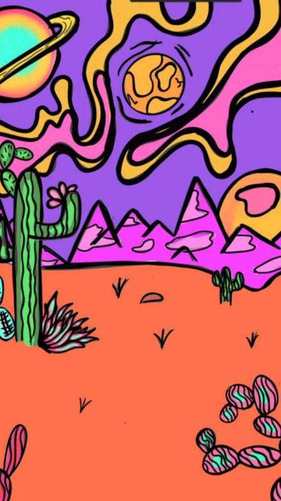 卡通沙漠場景，仙人掌和旋轉的彩色行星在紫色天空中。