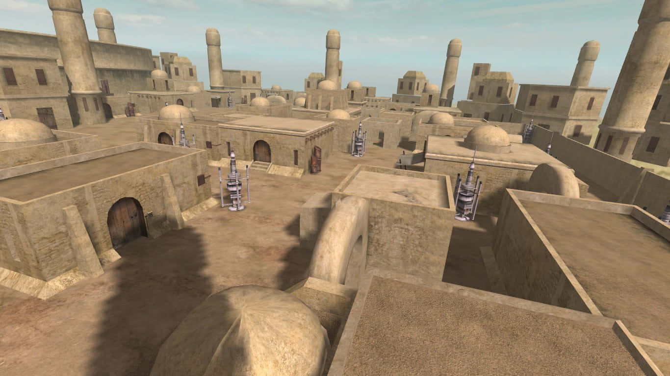 Mos Eisley 桌布 壁紙 — 沙漠城市景觀，沙色圓頂建築和高塔在清澈的藍天下。