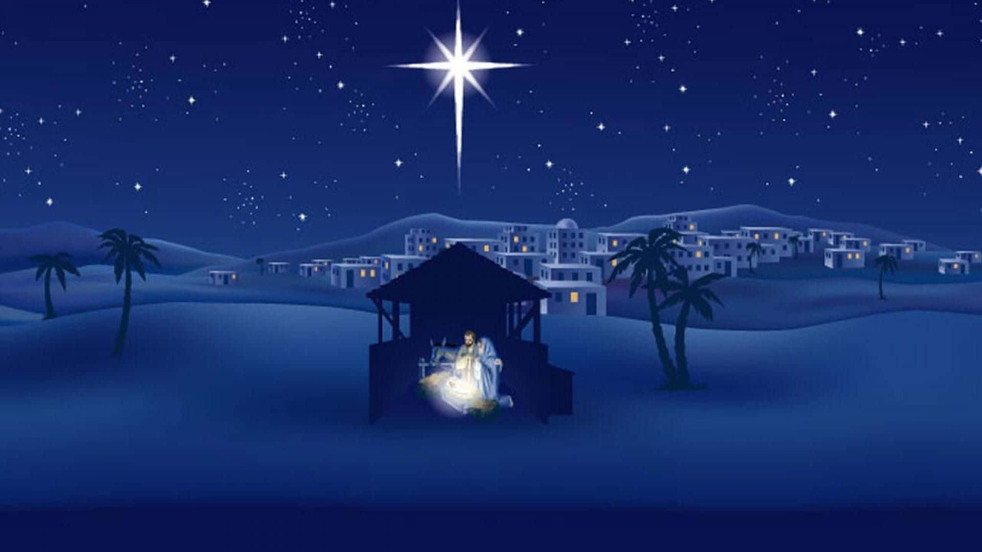 Nativity Scene 桌布 壁紙 — 沙漠小鎮夜晚，明亮星星下發光的馬槽場景，有棕櫚樹和遠處建築。