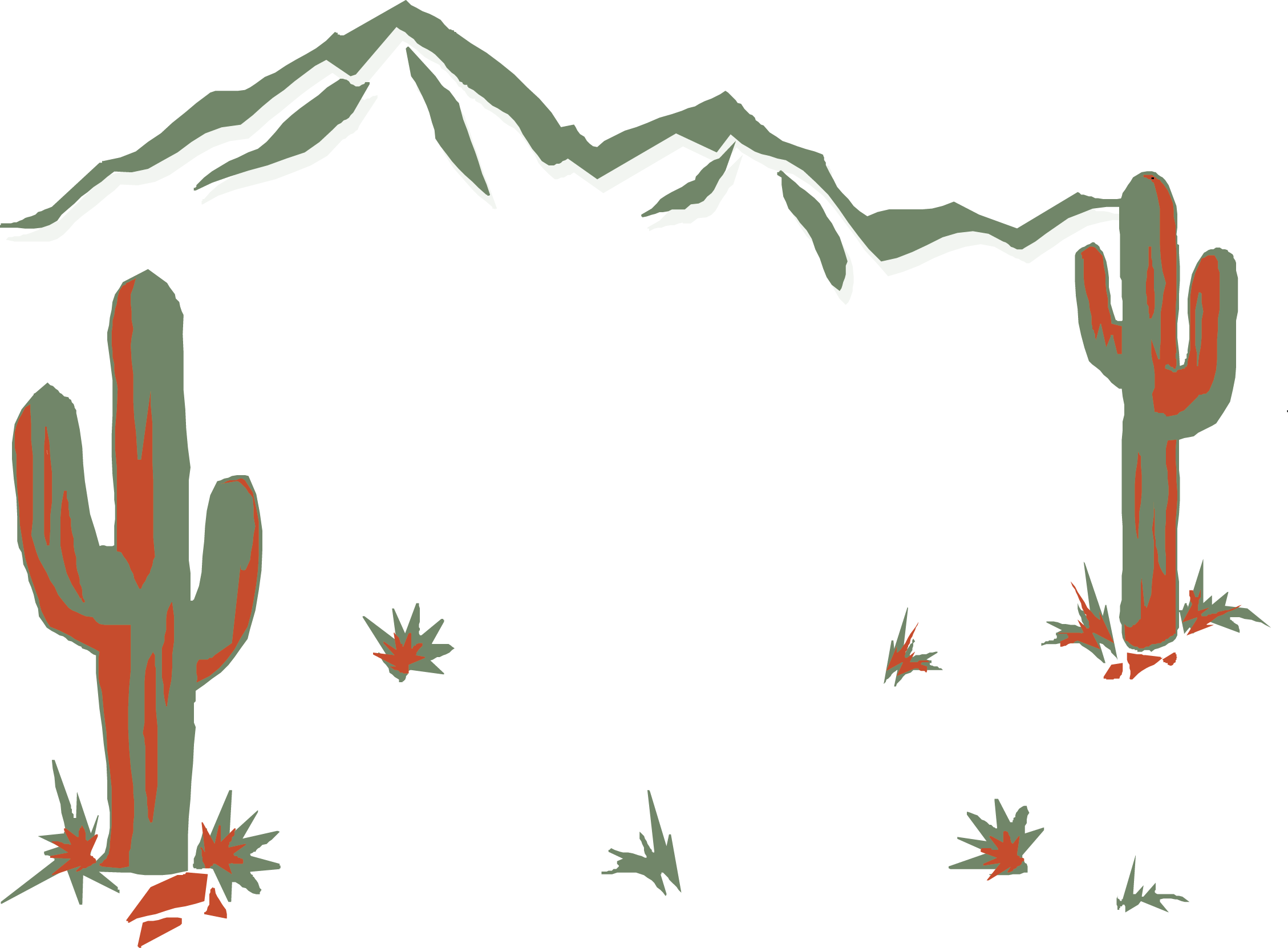 沙漠山脈剪影配仙人掌 壁紙 — 風格化的沙漠場景，有兩棵薩瓜羅仙人掌和遠處的山脈，以綠色和紅色色調呈現。