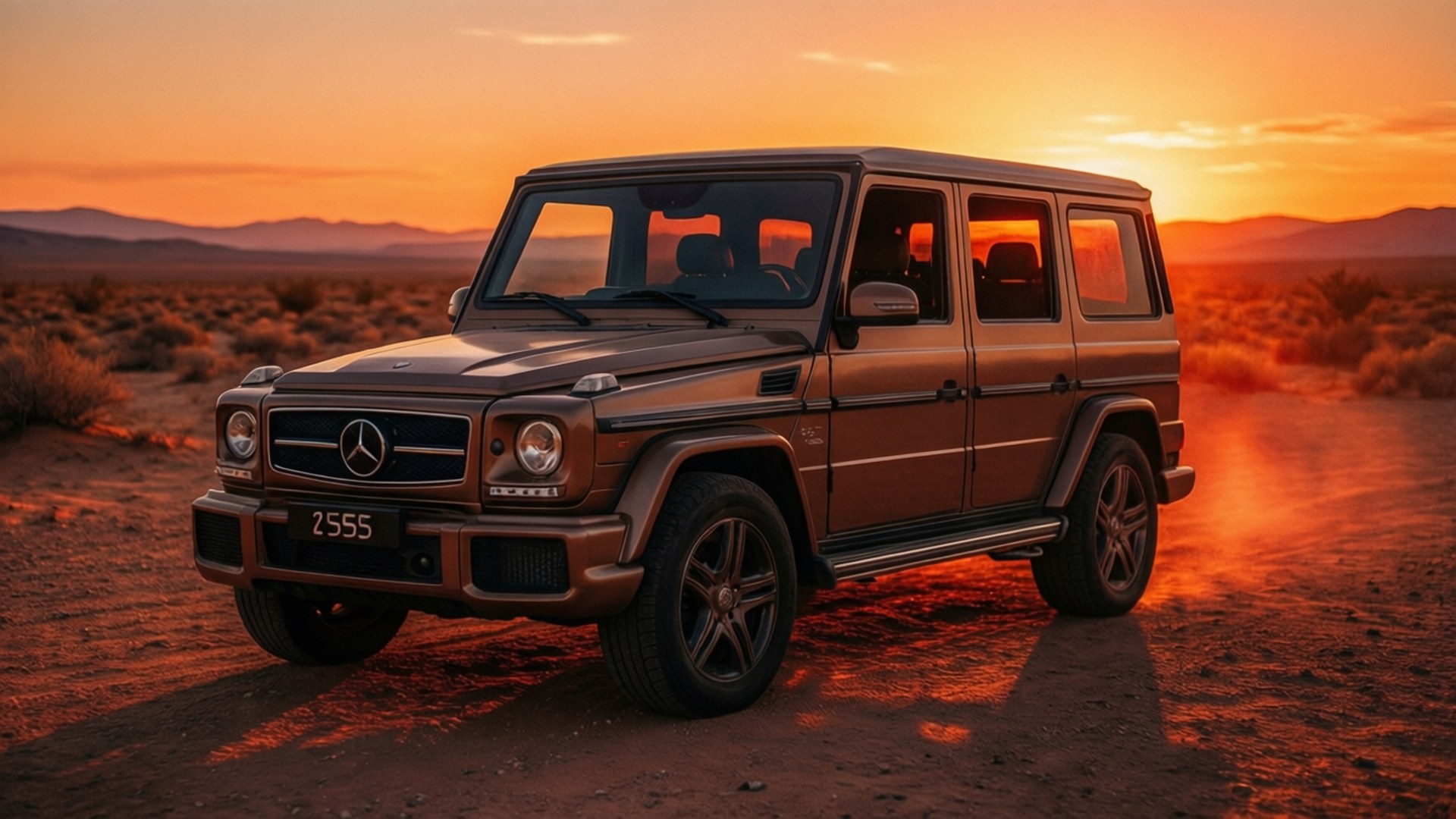 青銅色Mercedes G-Class SUV在沙漠夕陽下停泊