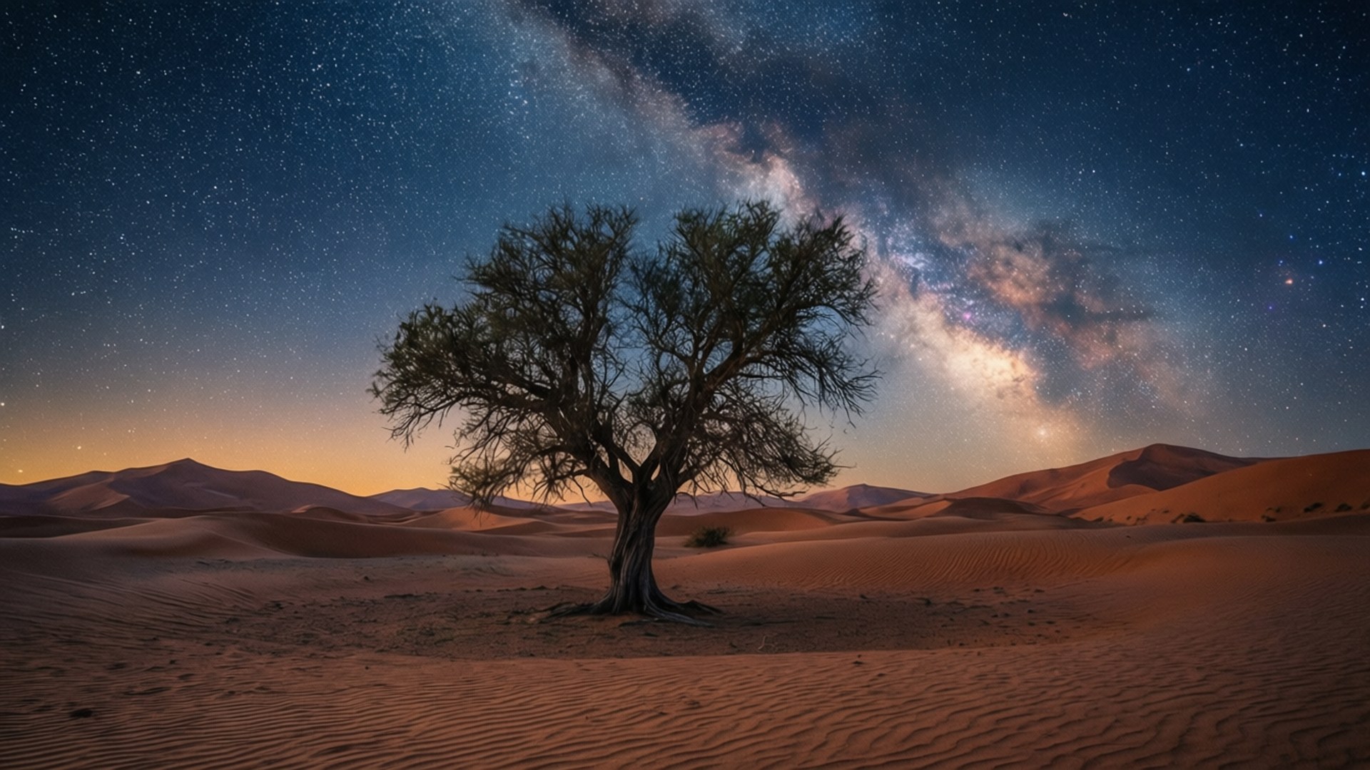 沙漠星夢 壁紙 — 一棵孤樹在沙漠沙丘地帶中堅韌地矗立，上方是燦爛星空，銀河拱橋般橫跨天際。