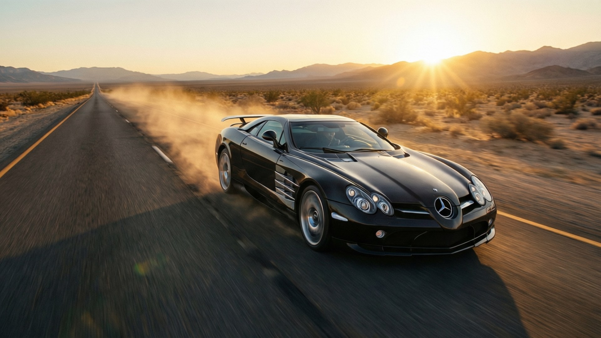 沙漠疾馳的Exelero 壁紙 — 一輛黑色Mercedes SLR McLaren在沙漠公路上高速行駛，揚起灰塵，夕陽在遠山後落下。