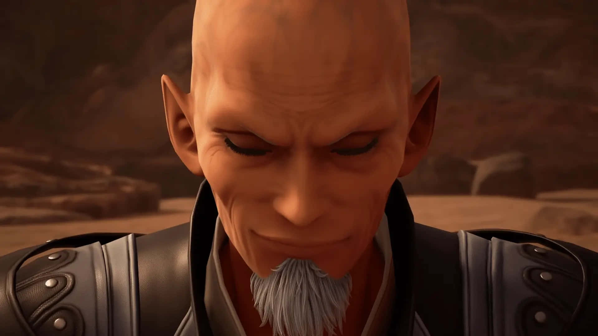 Kingdom Hearts Xehanort 桌布 壁紙 — 沙漠背景下，禿頭精靈特寫，尖耳朵、白色山羊鬍，穿著裝甲護肩。