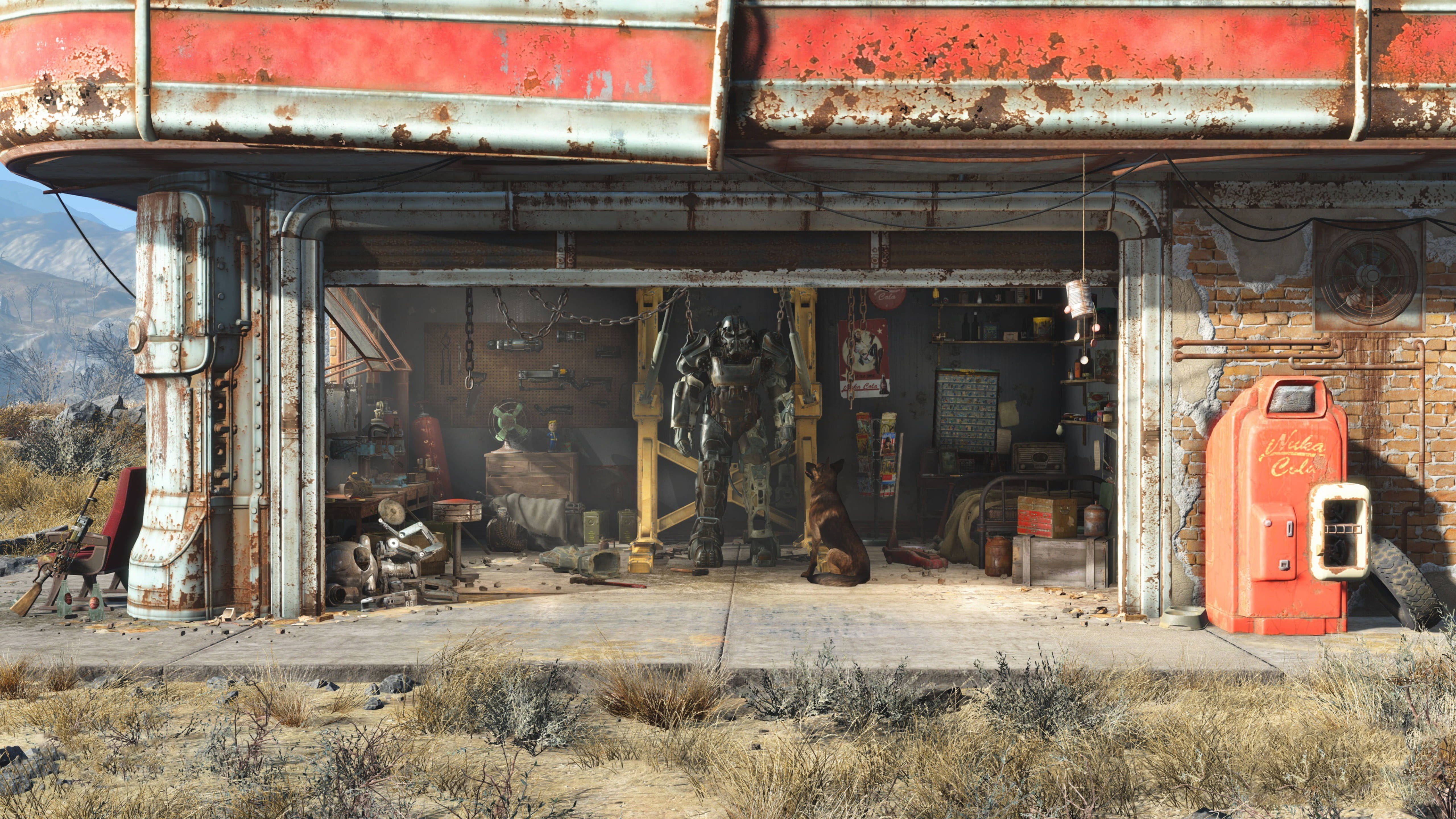 Fallout 4 桌布 壁紙 — 沙漠荒地中的一個生鏽加油站，有一隻狗坐在褪色紅色遮陽篷下高聳的動力裝甲套裝旁邊。