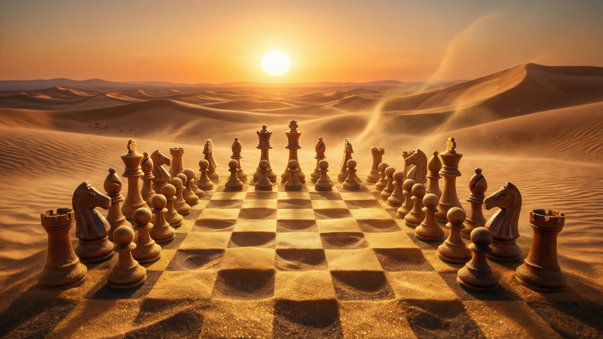 沙漠遊戲 壁紙 — 一個棋盤上放有棋子，置於沙漠日落中，在沙丘上投下長長的影子。