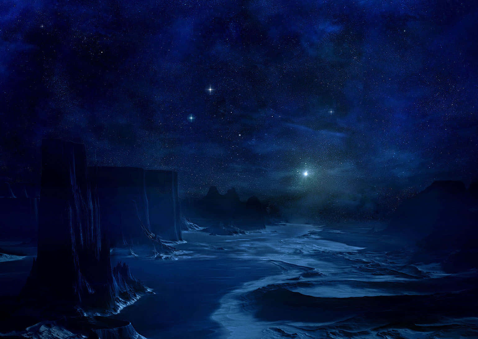 沙漠風景上的繁星夜空 壁紙 — 繁星點點的夜空在蜿蜒穿過崎嶇懸崖和白雪覆蓋地形的冰凍河流上投下深藍色的光芒。