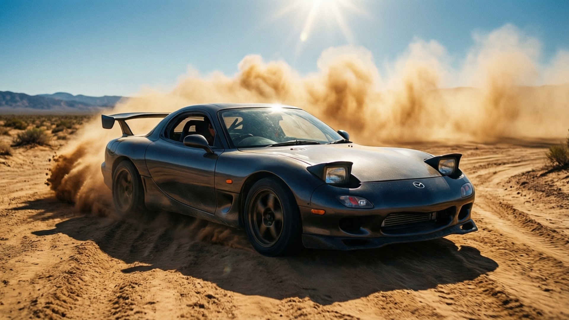 黑色跑車在沙漠中奔馳，在日落時揚起灰塵